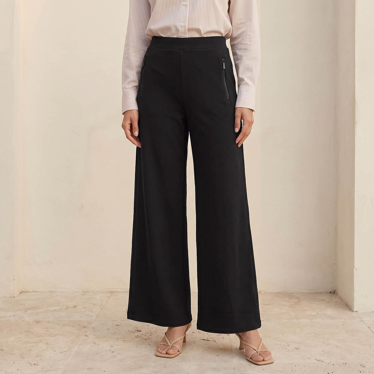 بنطلون بونتي بساق واسعة وجيوب سحاب من سبلاش سمارت-women-clothing-trousers-image-1