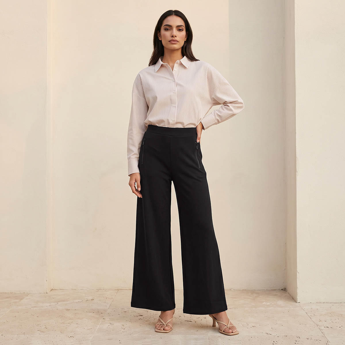 بنطلون بونتي بساق واسعة وجيوب سحاب من سبلاش سمارت-women-clothing-trousers-image-3
