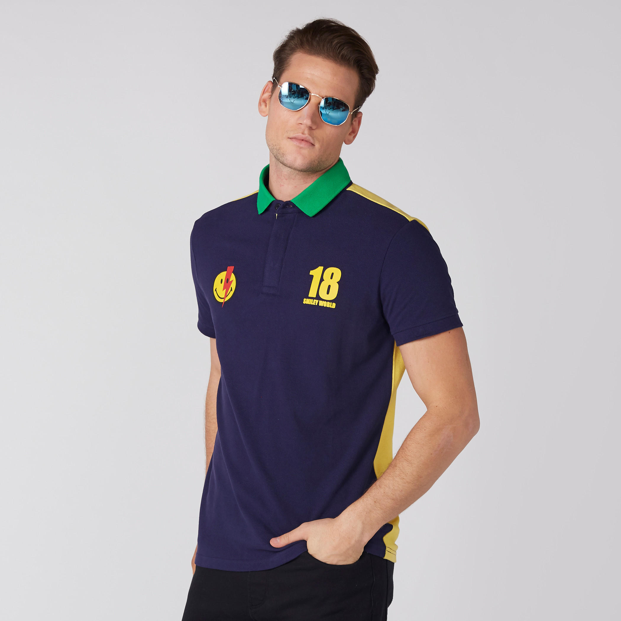 Smiley World Printed T-Shirt with Polo Neck and Short Sleeves-men-clothing-tshirtsandpolos-polos-image-3