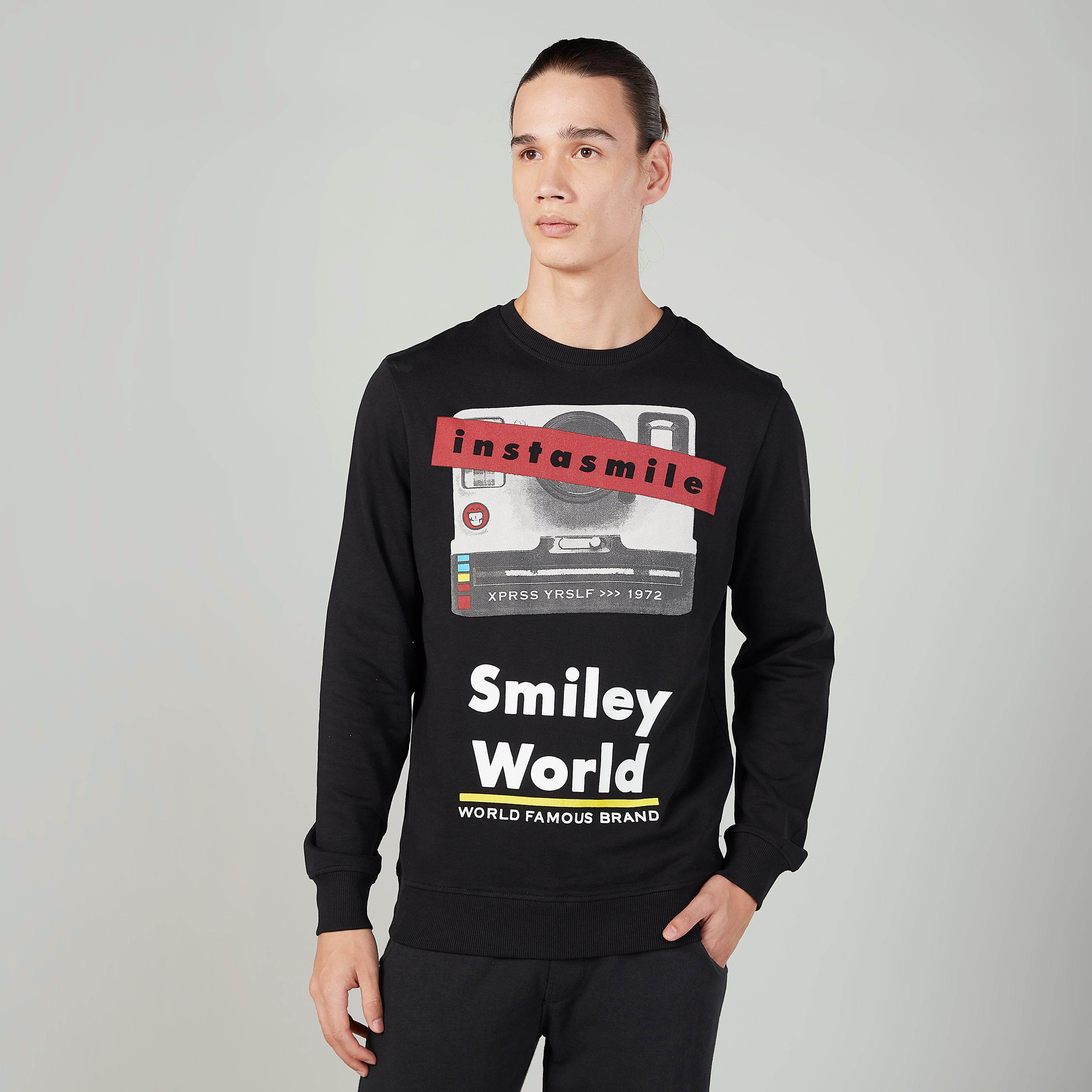 Sustainable Smiley World Printed Sweatshirt with Ribbed Hems-men-winterwear-hoodiesandsweatshirts-image-1