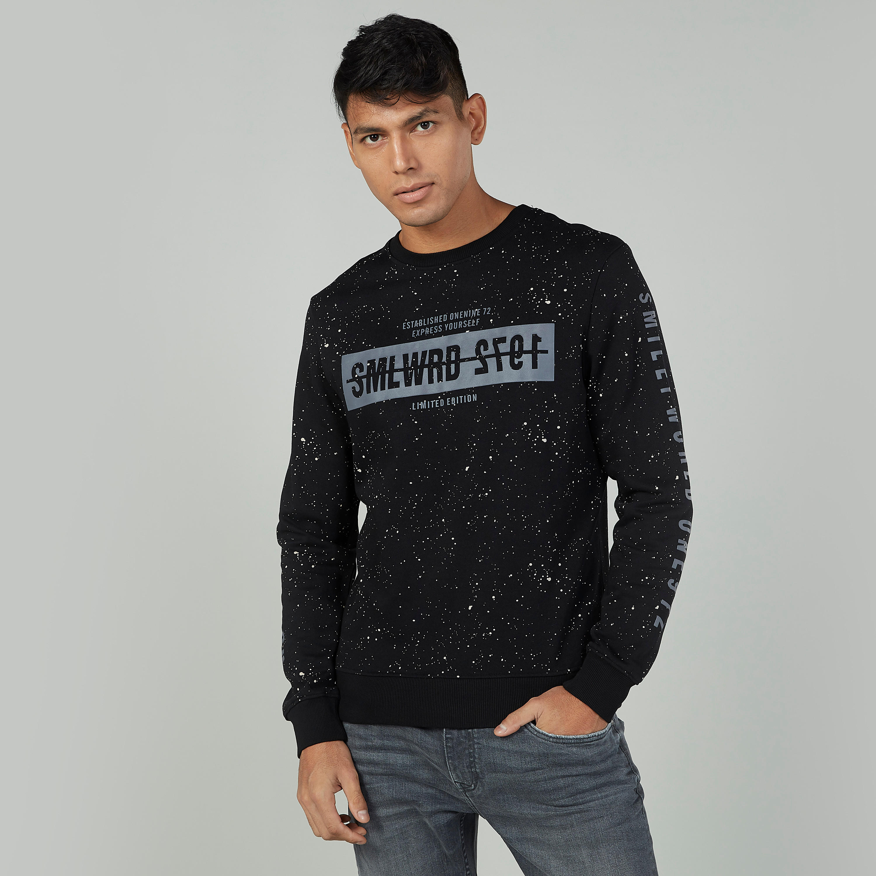 Smiley World Printed Sweater with Round Neck and Long Sleeves-men-winterwear-hoodiesandsweatshirts-image-1