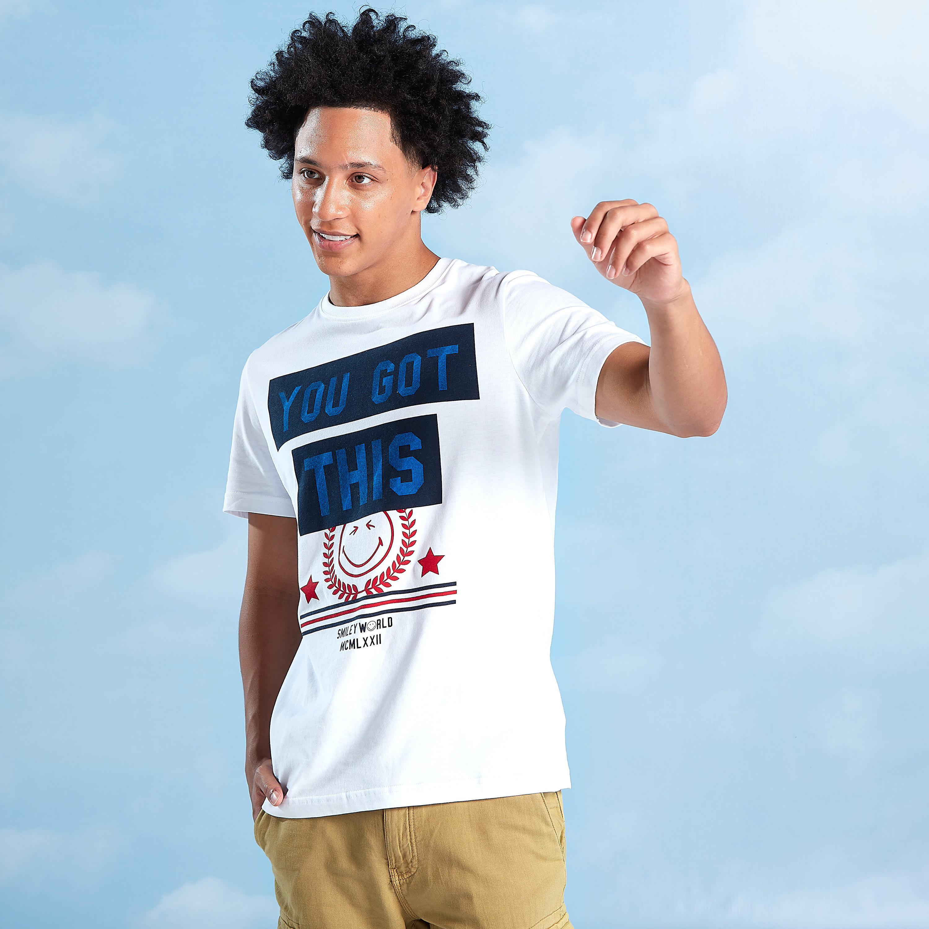 Sustainable Smiley World Print Crew Neck T-shirt with Short Sleeves-men-clothing-tshirtsandpolos-tshirts-image-1