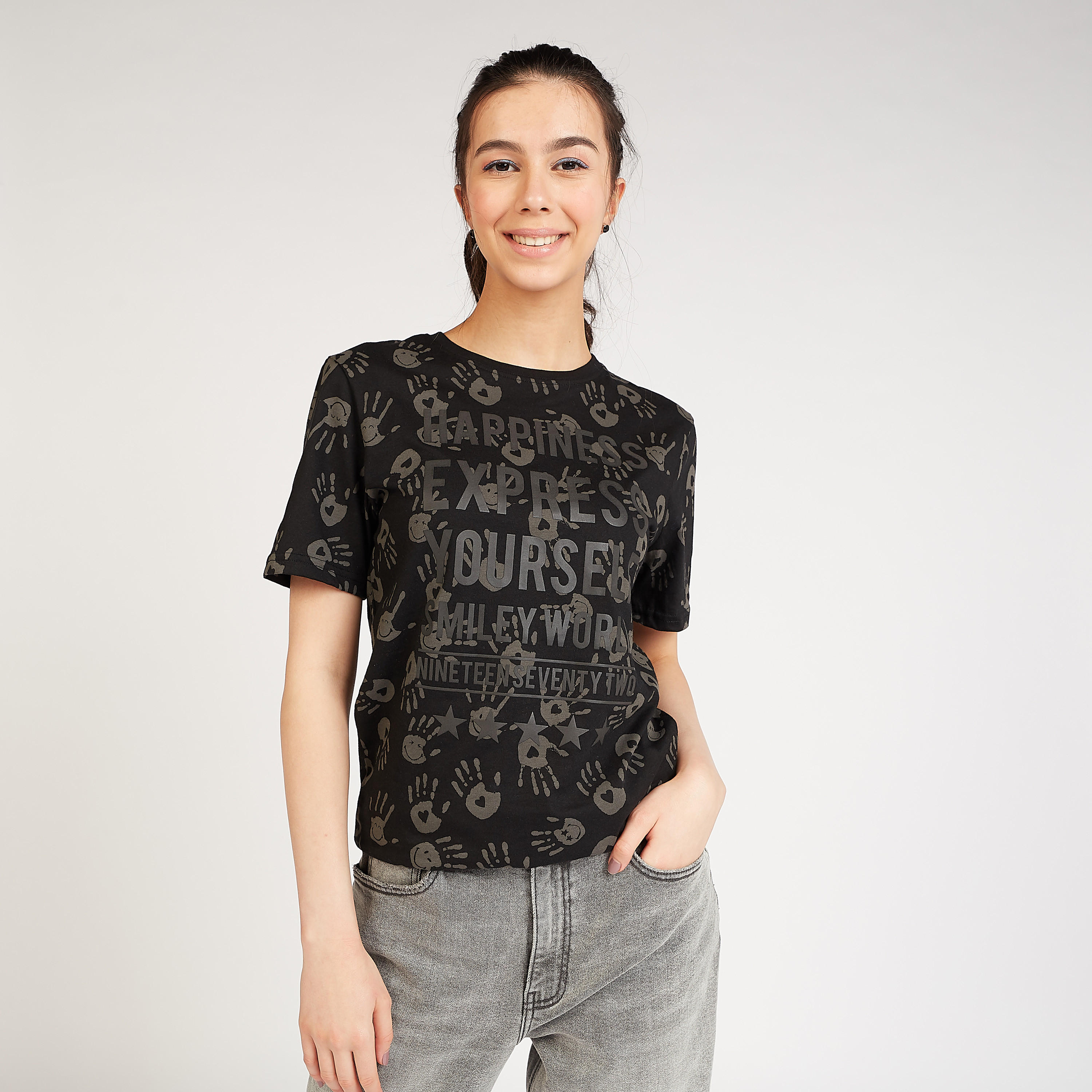 Sustainable Smiley World Graphic Print T-shirt with Crew Neck-women-clothing-tshirts-image-1