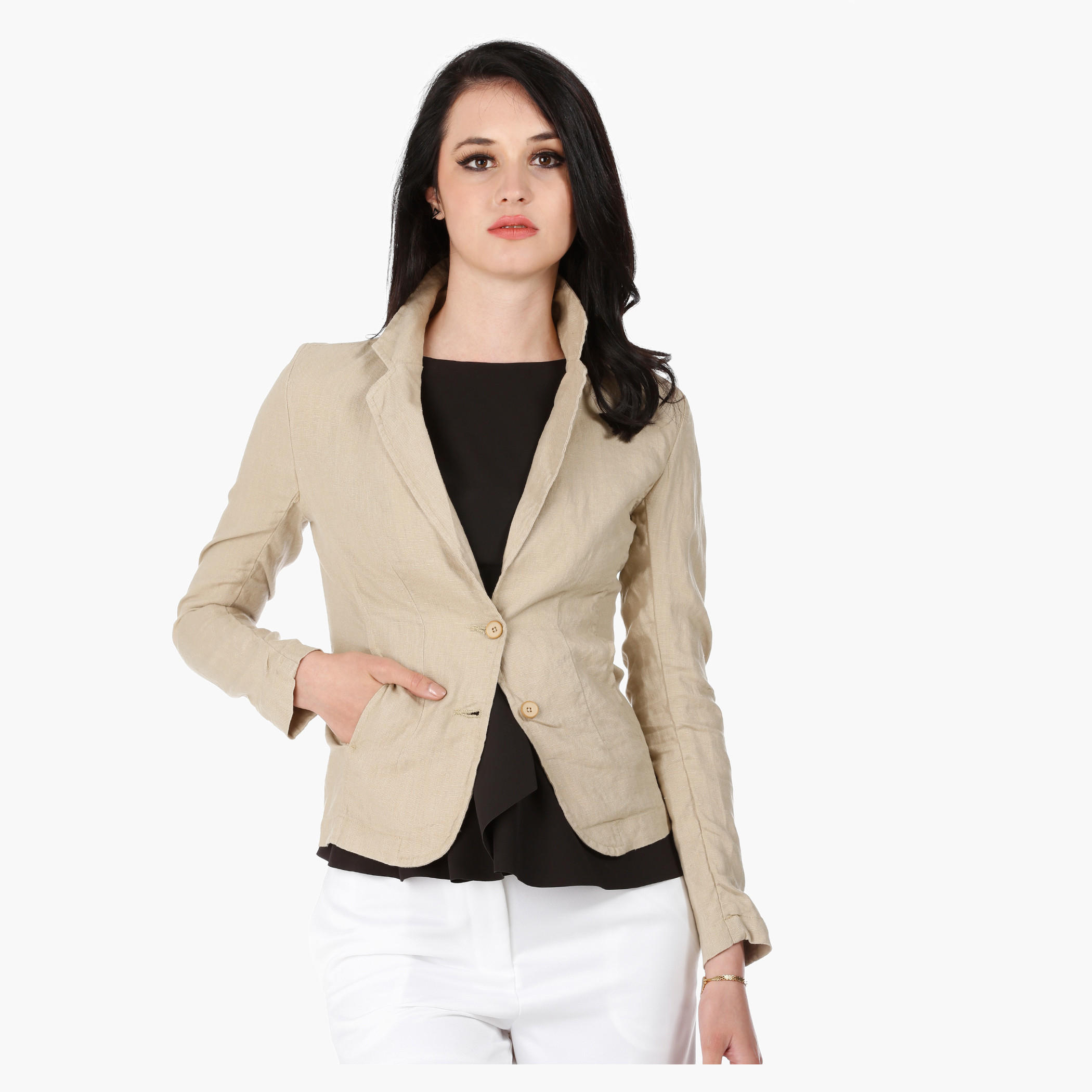 Linen Jacket with Notch Lapel and Long Sleeves in Regular Fit-women-clothing-coatsandjackets-blazers-image-1