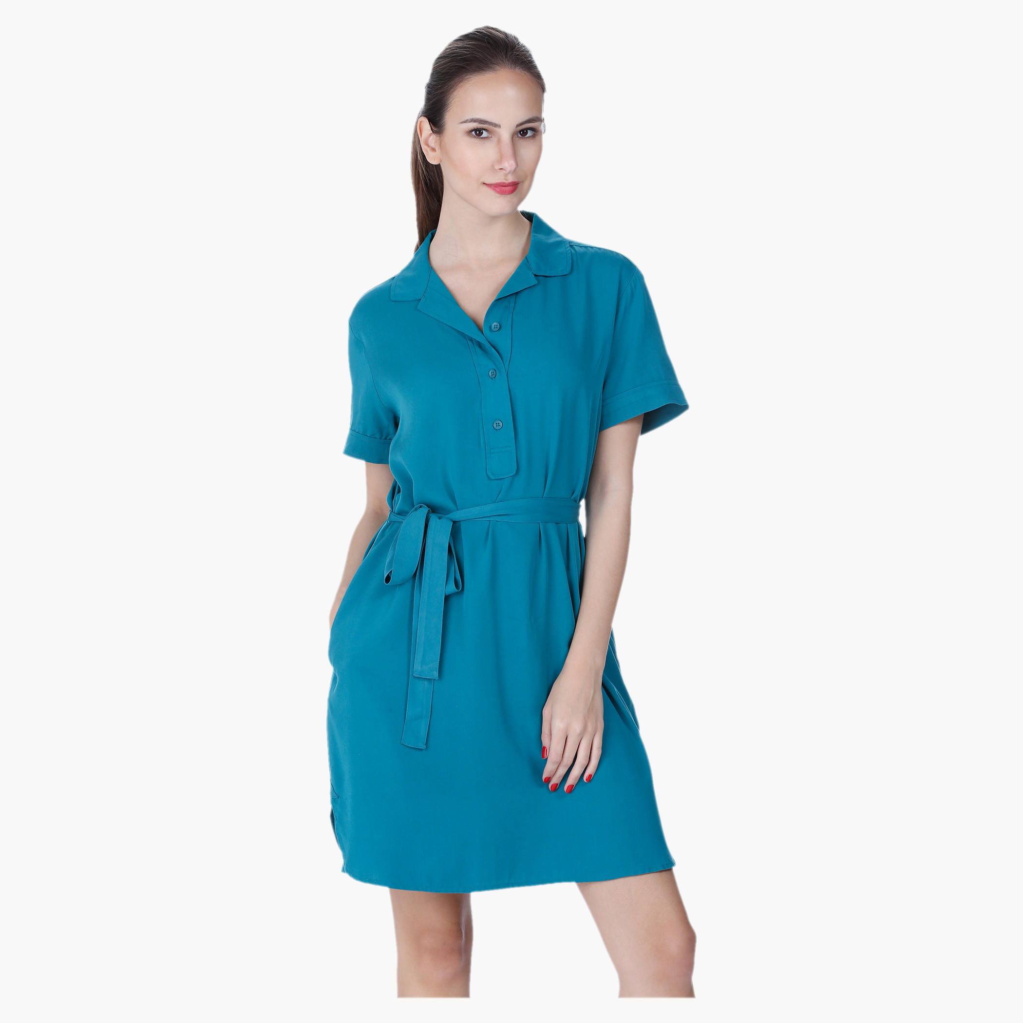 Notch-collared Dress with Waist Belt-women-clothing-dresses-image-1