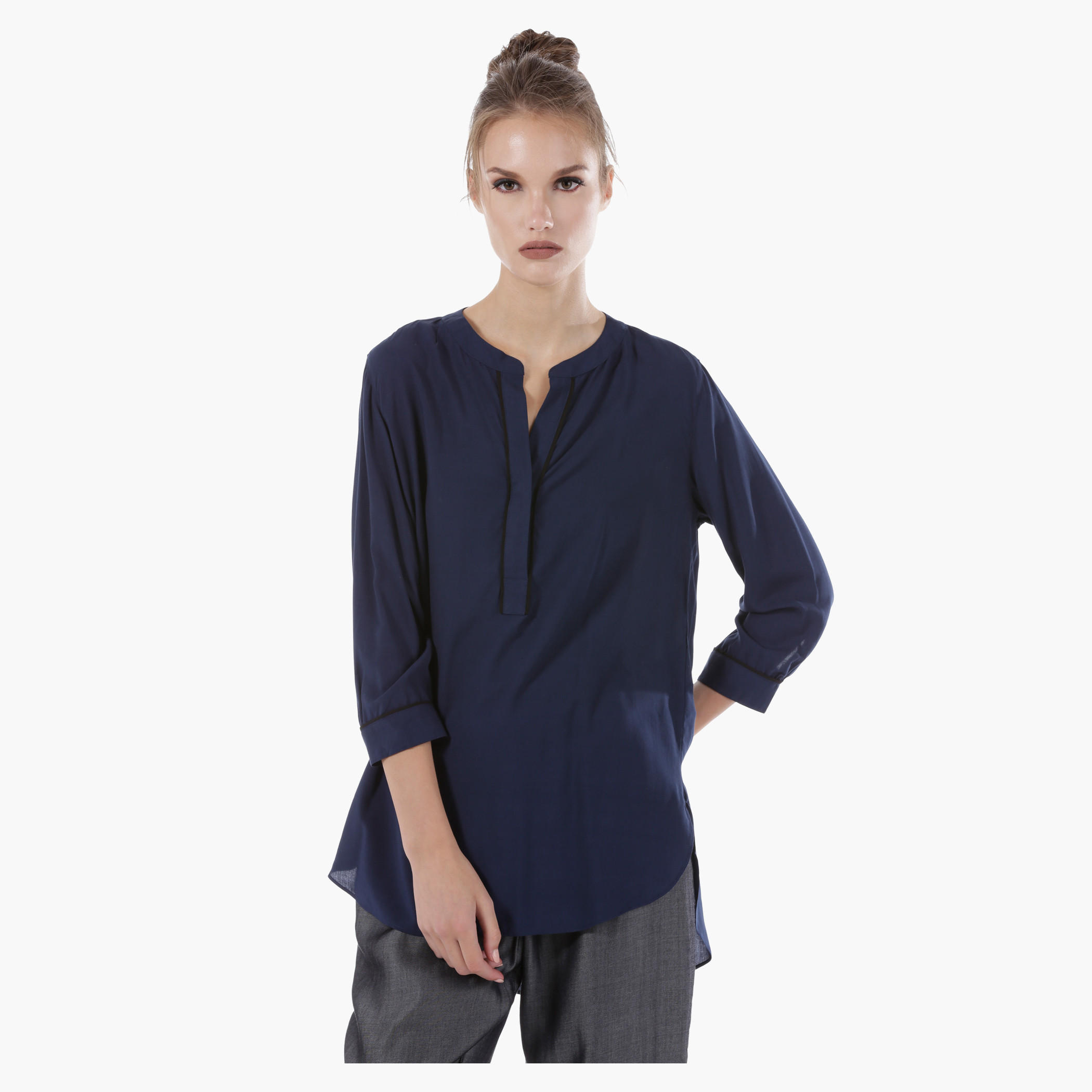 Woven Top with 3/4 Sleeves and High Low Hem-women-clothing-shirtsandblouses-blouses-image-1