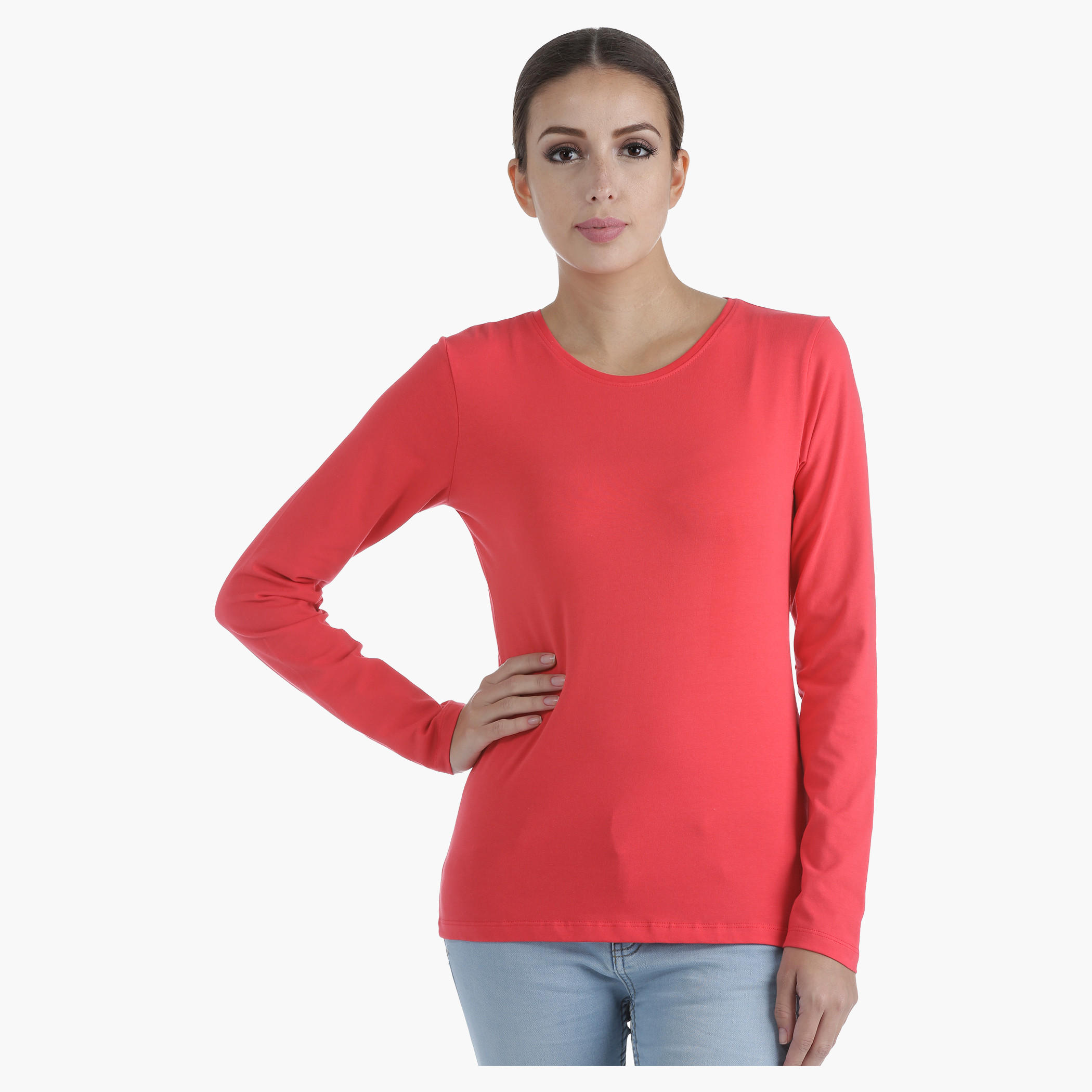 Basic Round Neck T-Shirt with Long Sleeves in Regular Fit-women-clothing-tshirts-image-5