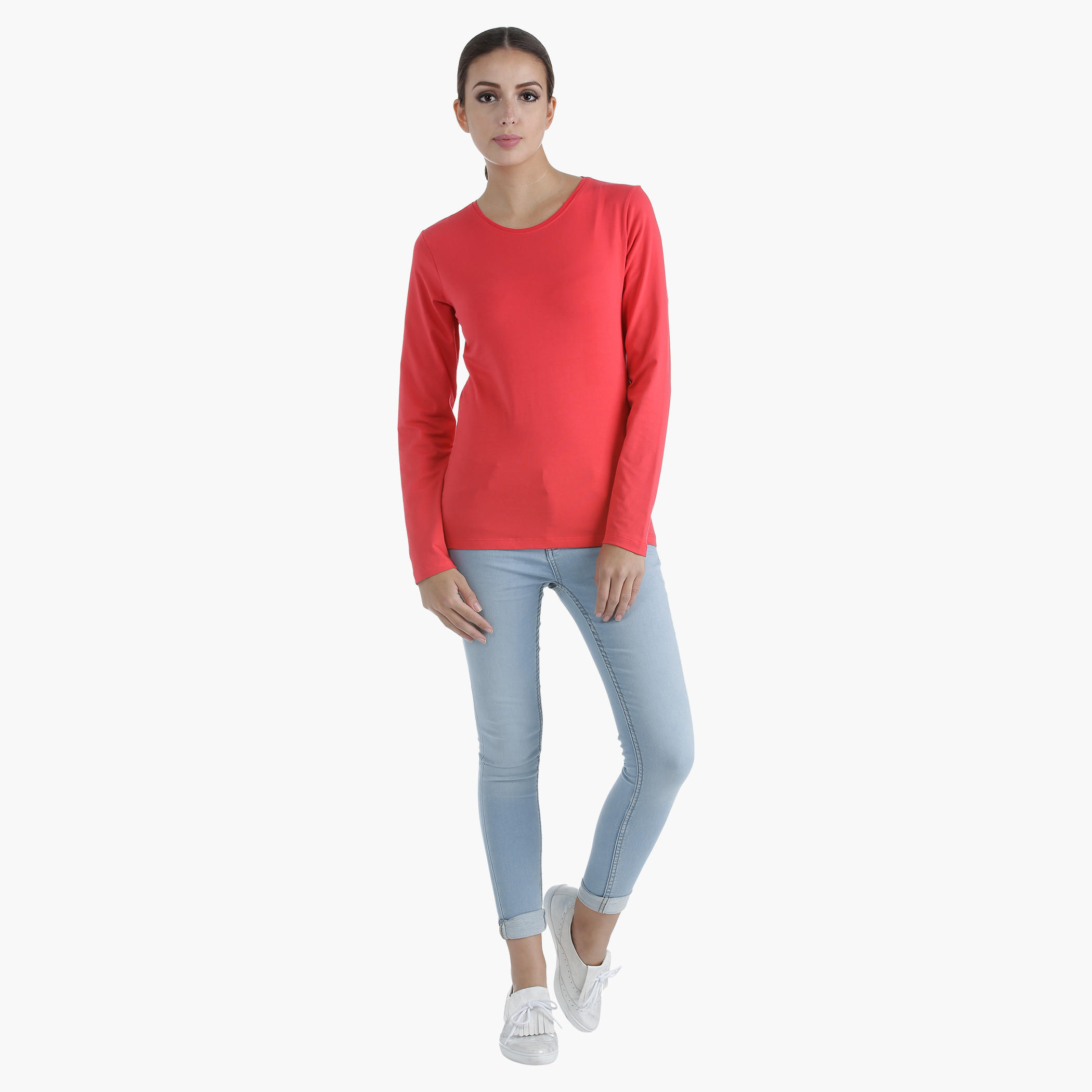 Basic Round Neck T-Shirt with Long Sleeves in Regular Fit-women-clothing-tshirts-image-1