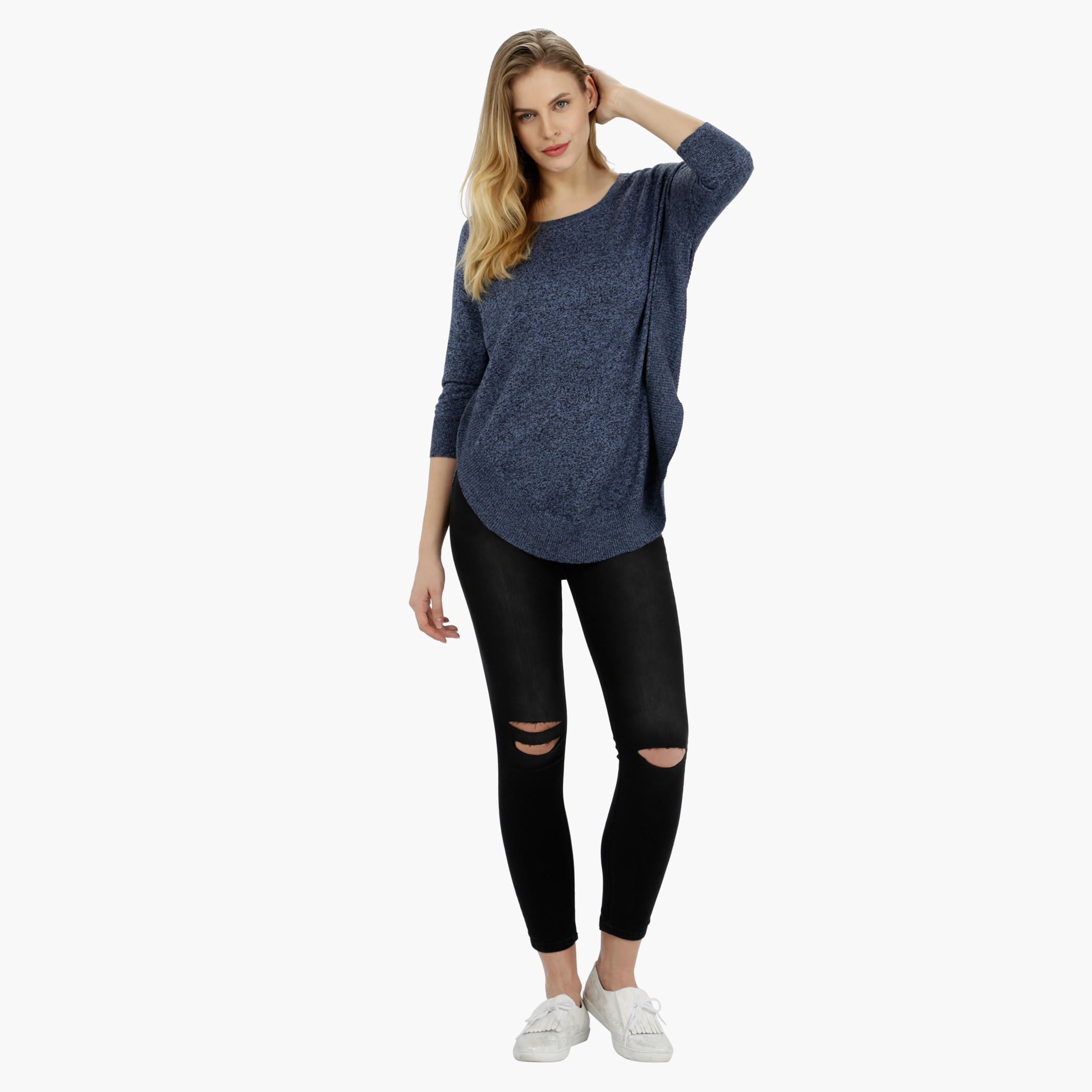 Knitted Round Neck Top with 3/4th Sleeves-women-clothing-tshirts-image-5
