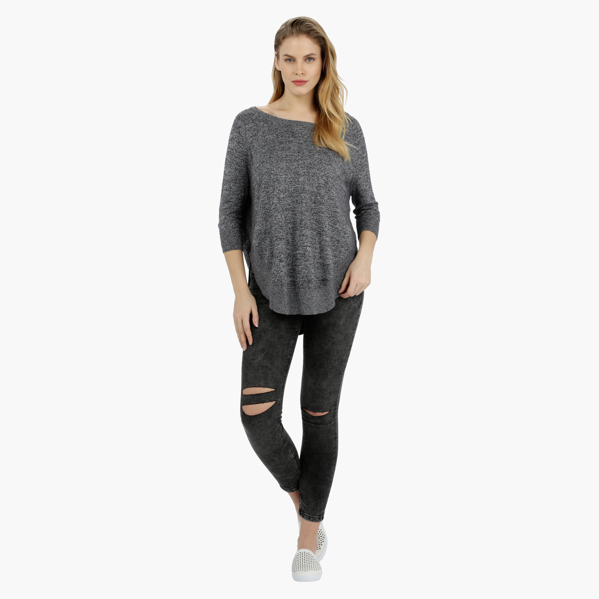 Knitted Round Neck Top with 3/4th Sleeves-women-clothing-tshirts-image-10