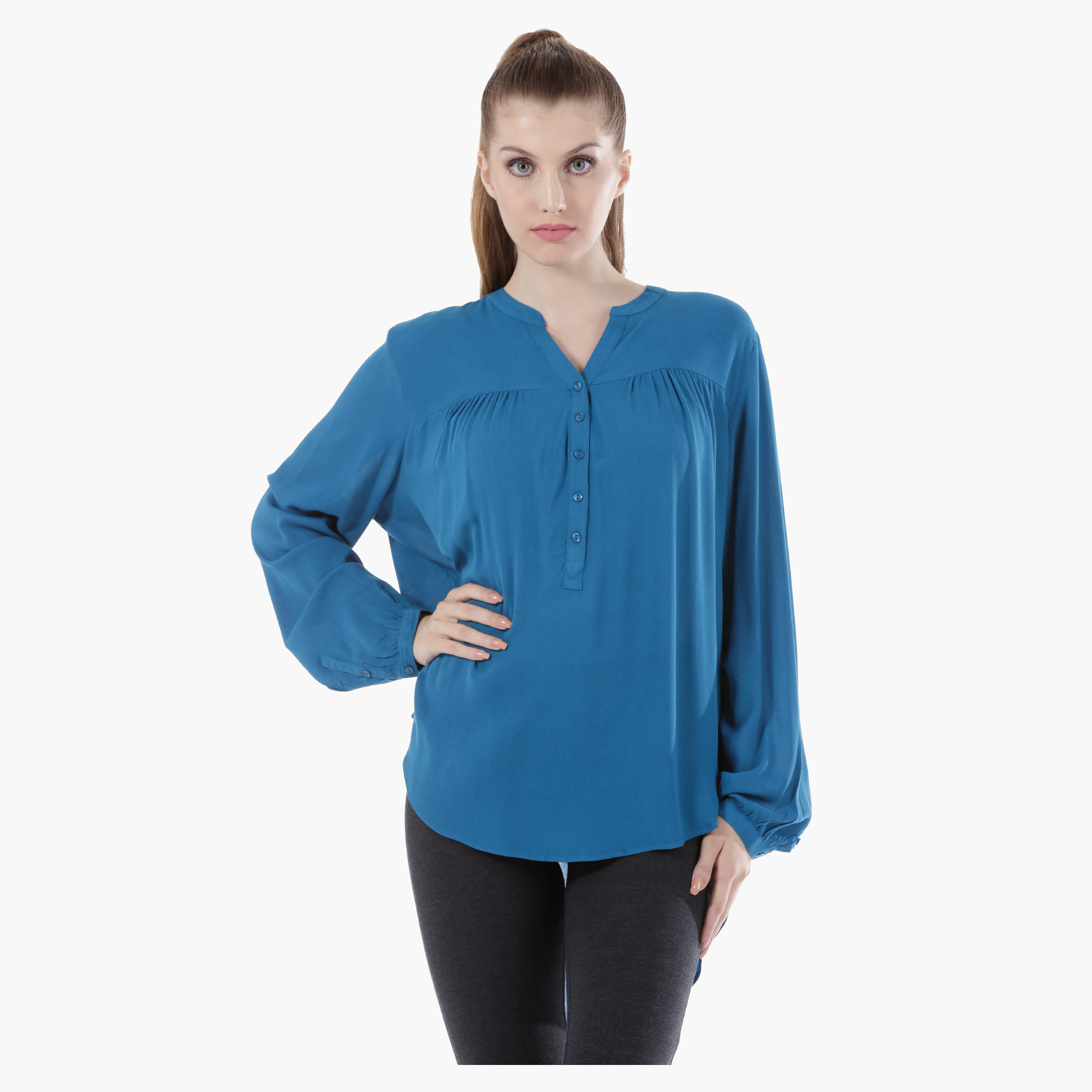 Long-Sleeved Blouse with Tie-Up Neck and Ruffled Cuffs in Regular Fit-women-clothing-shirtsandblouses-blouses-image-1