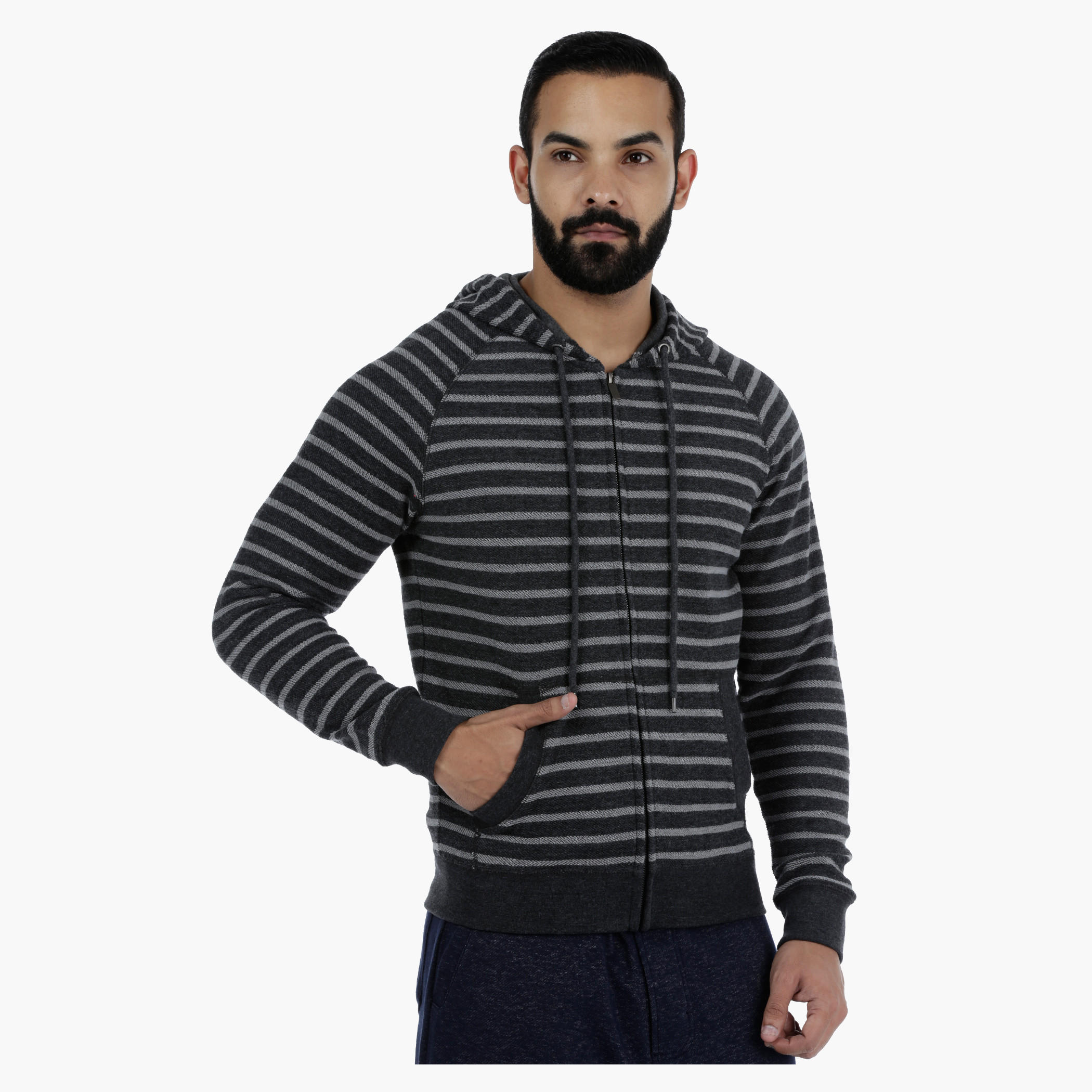 Hooded Jacket with Stripe Print and Long Sleeves in Regular Fit-men-winterwear-hoodiesandsweatshirts-image-1