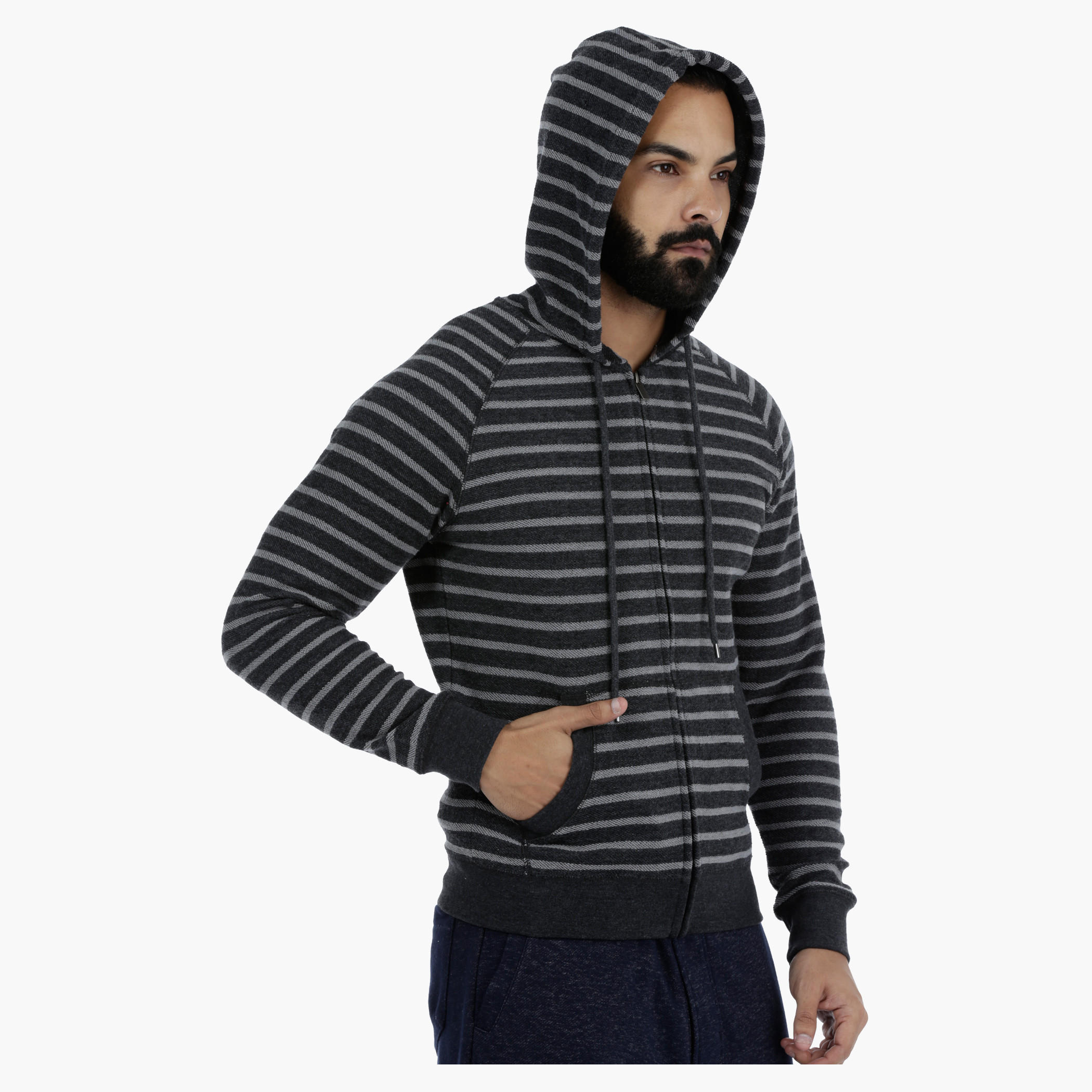 Hooded Jacket with Stripe Print and Long Sleeves in Regular Fit-men-winterwear-hoodiesandsweatshirts-image-3
