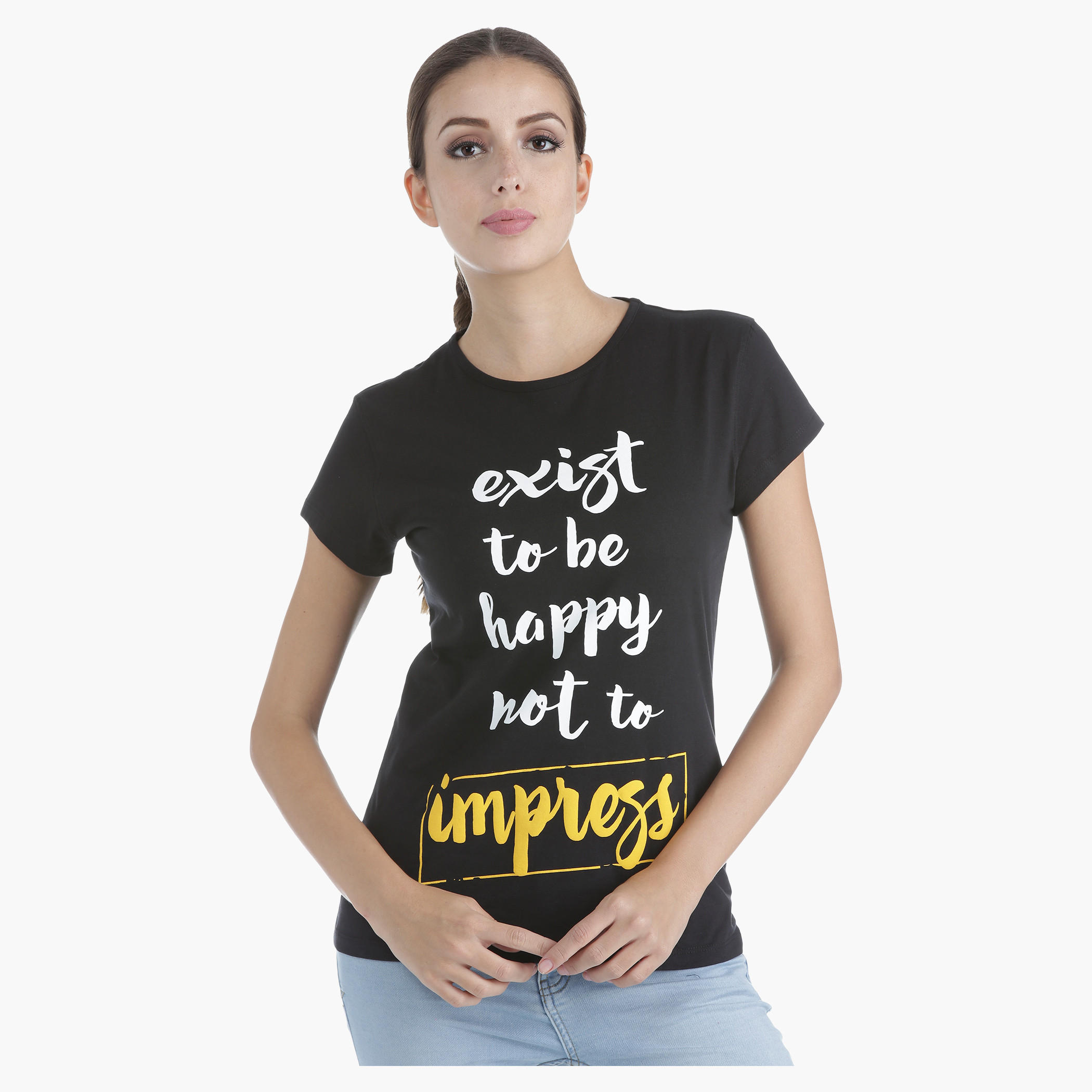 Printed Cotton T-Shirt with Round Neck and Short Sleeves in Regular Fit-women-clothing-tshirts-image-1