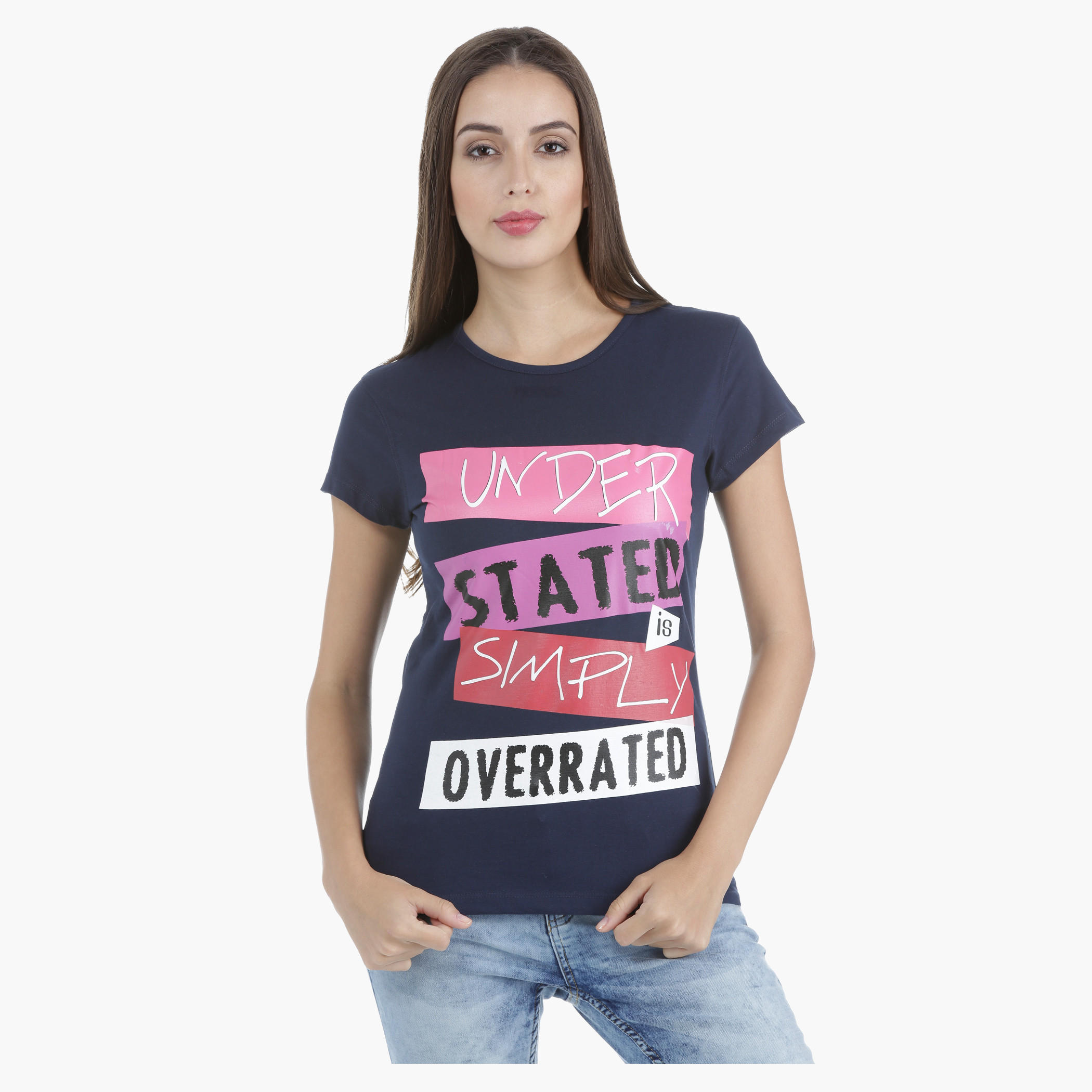 Printed Cotton T-Shirt with Round Neck and Short Sleeves in Regular Fit-women-clothing-tshirts-image-1
