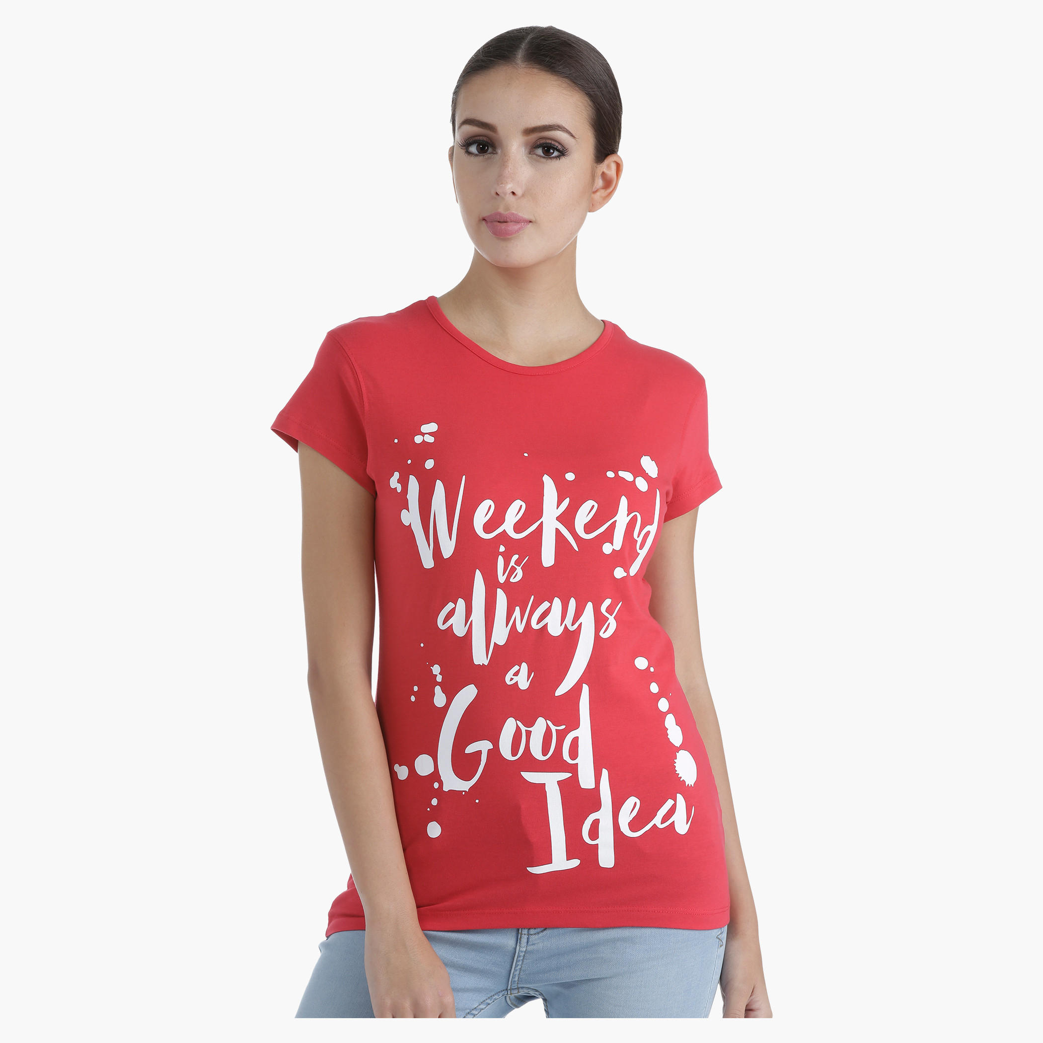 Printed Cotton T-Shirt with Round Neck and Short Sleeves in Regular Fit-women-clothing-tshirts-image-1