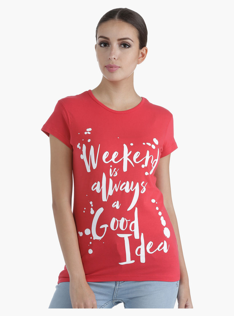 Printed Cotton T-Shirt with Round Neck and Short Sleeves in Regular Fit-women-clothing-tshirts-image-1