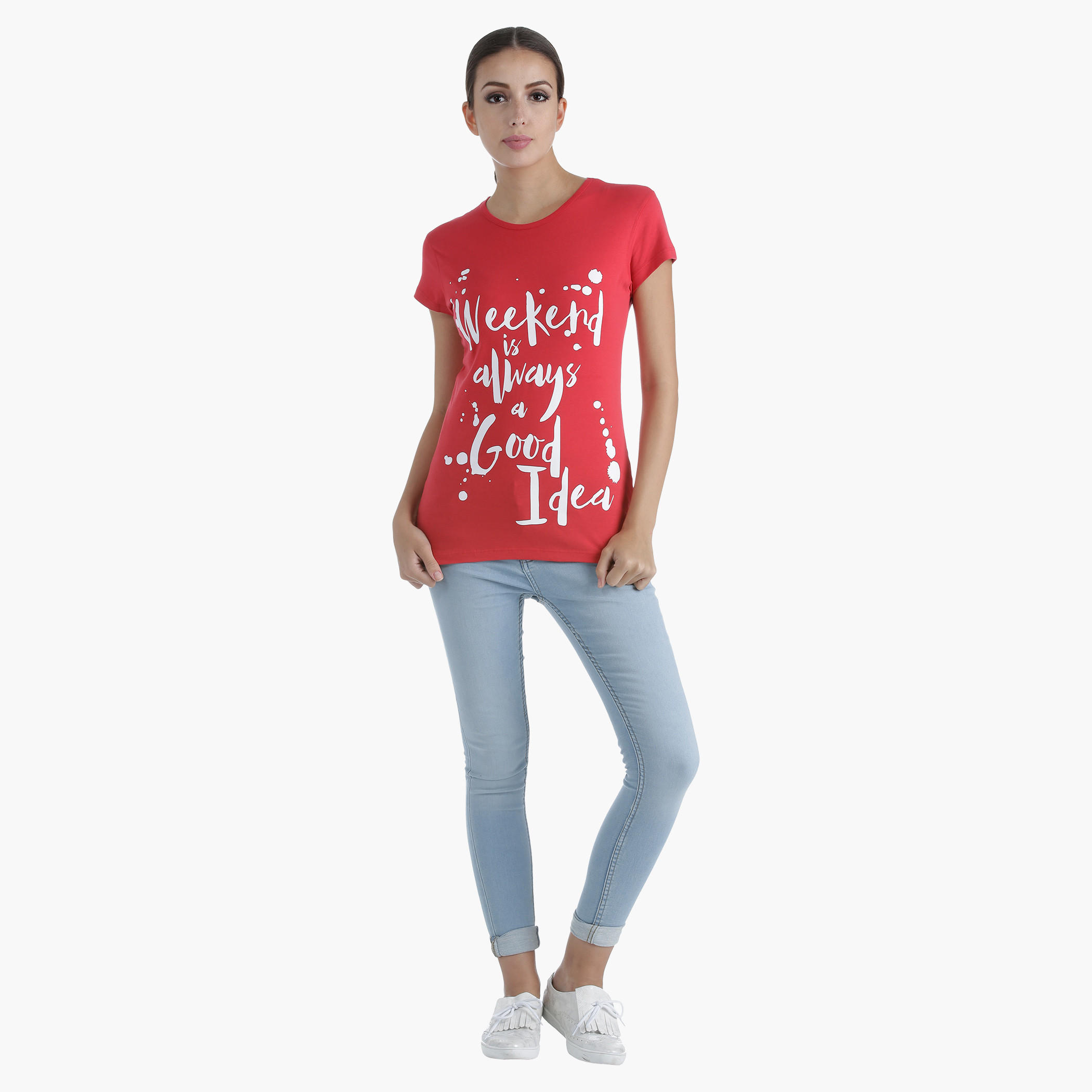 Printed Cotton T-Shirt with Round Neck and Short Sleeves in Regular Fit-women-clothing-tshirts-image-5