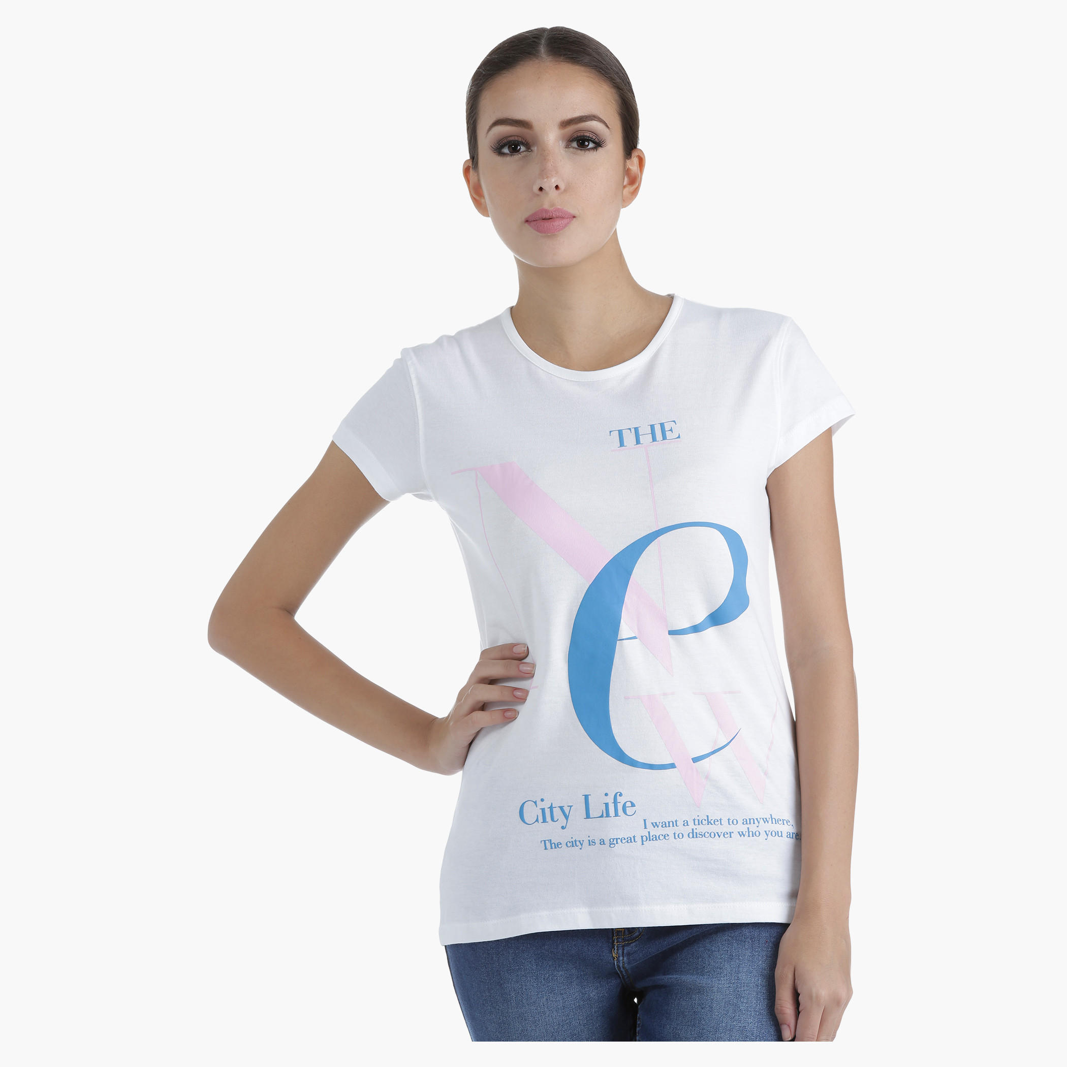 Printed Cotton T-Shirt with Round Neck and Short Sleeves in Regular Fit-women-clothing-tshirts-image-1
