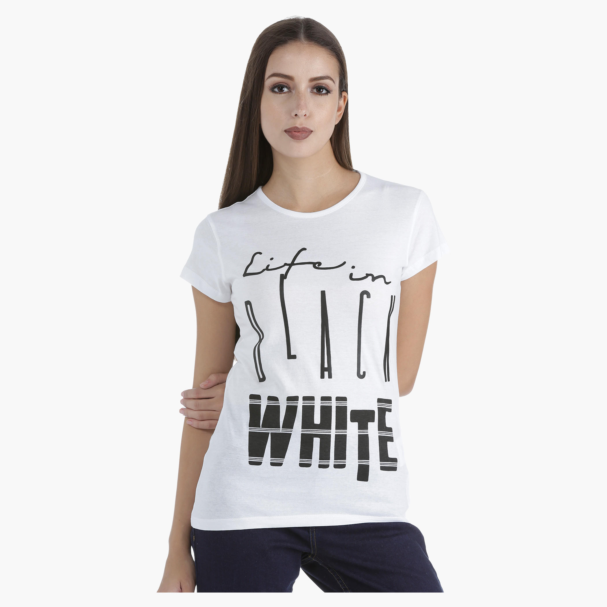Printed Cotton T-Shirt with Round Neck and Short Sleeves in Regular Fit-women-clothing-tshirts-image-1