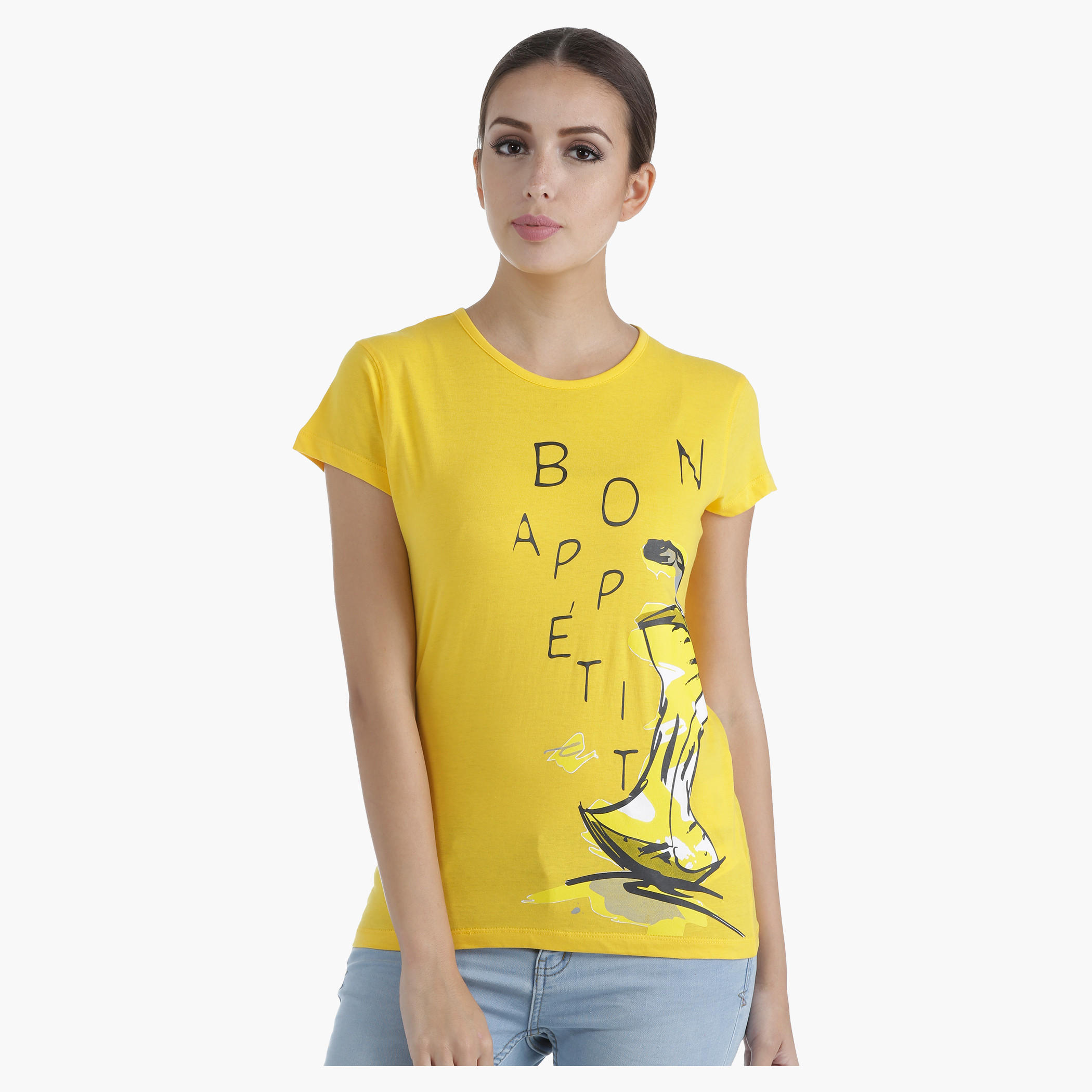 Printed Cotton T-Shirt with Round Neck and Short Sleeves in Regular Fit-women-clothing-tshirts-image-1