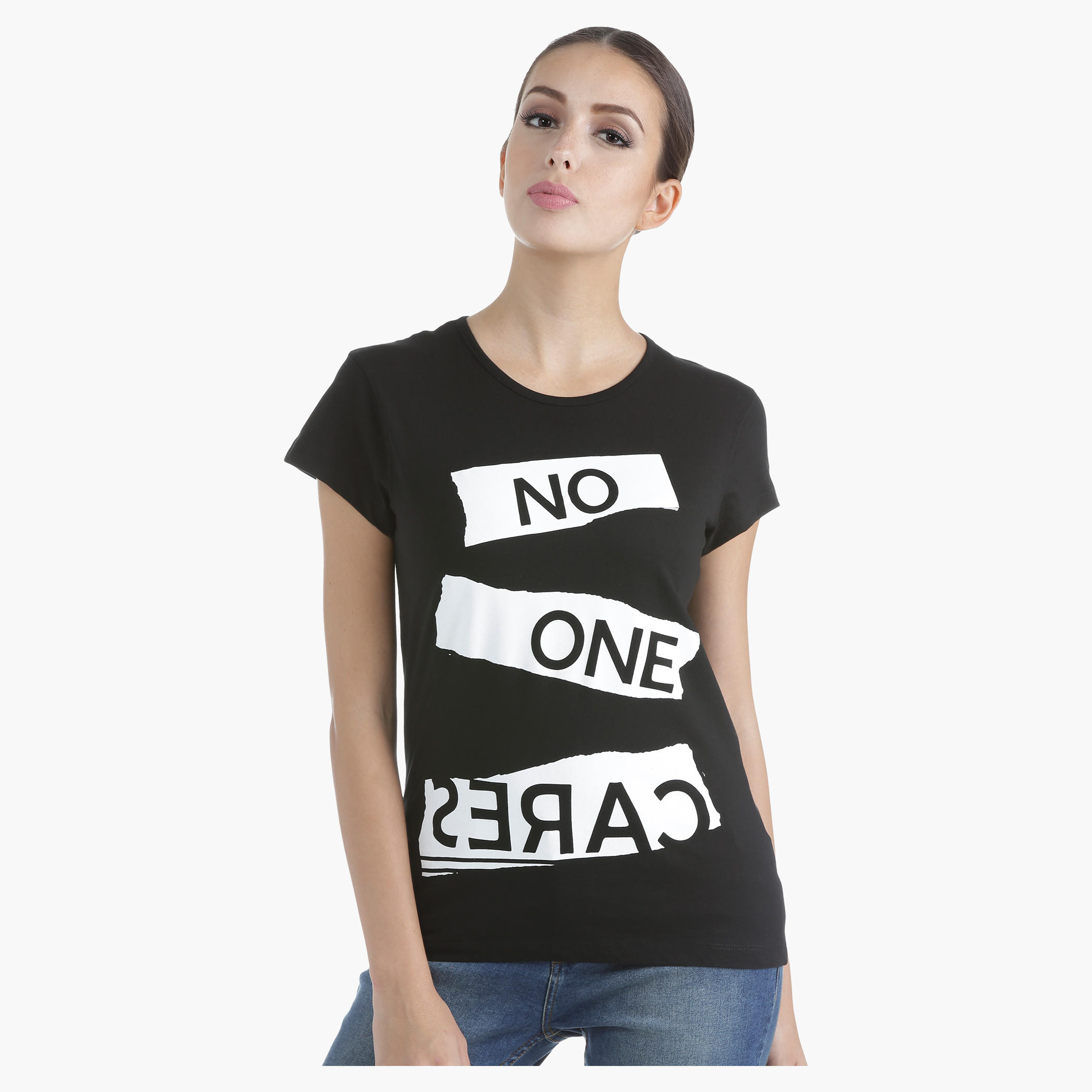 Printed Cotton T-Shirt with Round Neck and Short Sleeves in Regular Fit-women-clothing-tshirts-image-1