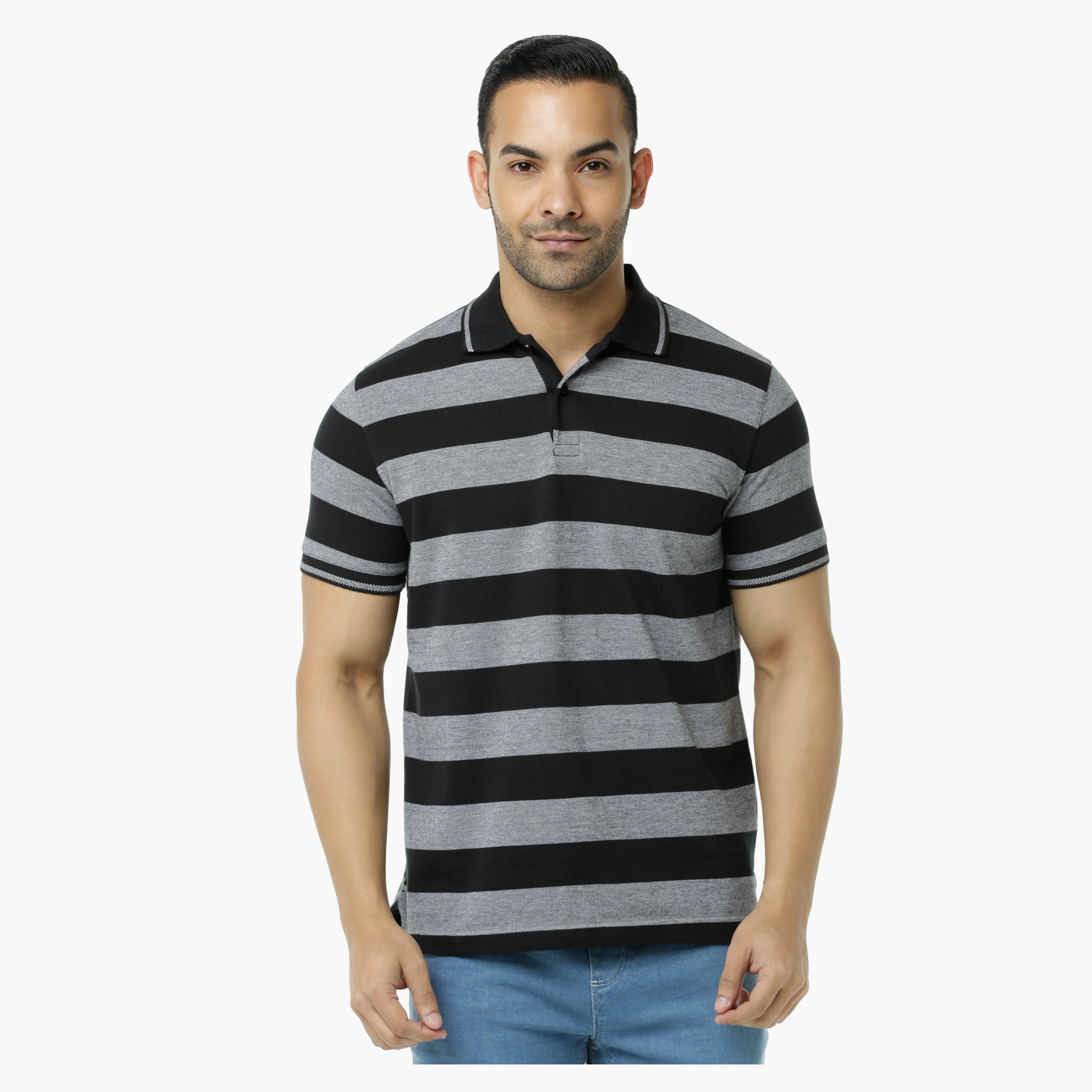 Striped Polo Neck T-Shirt with Short Sleeves-men-clothing-tshirtsandpolos-polos-image-1