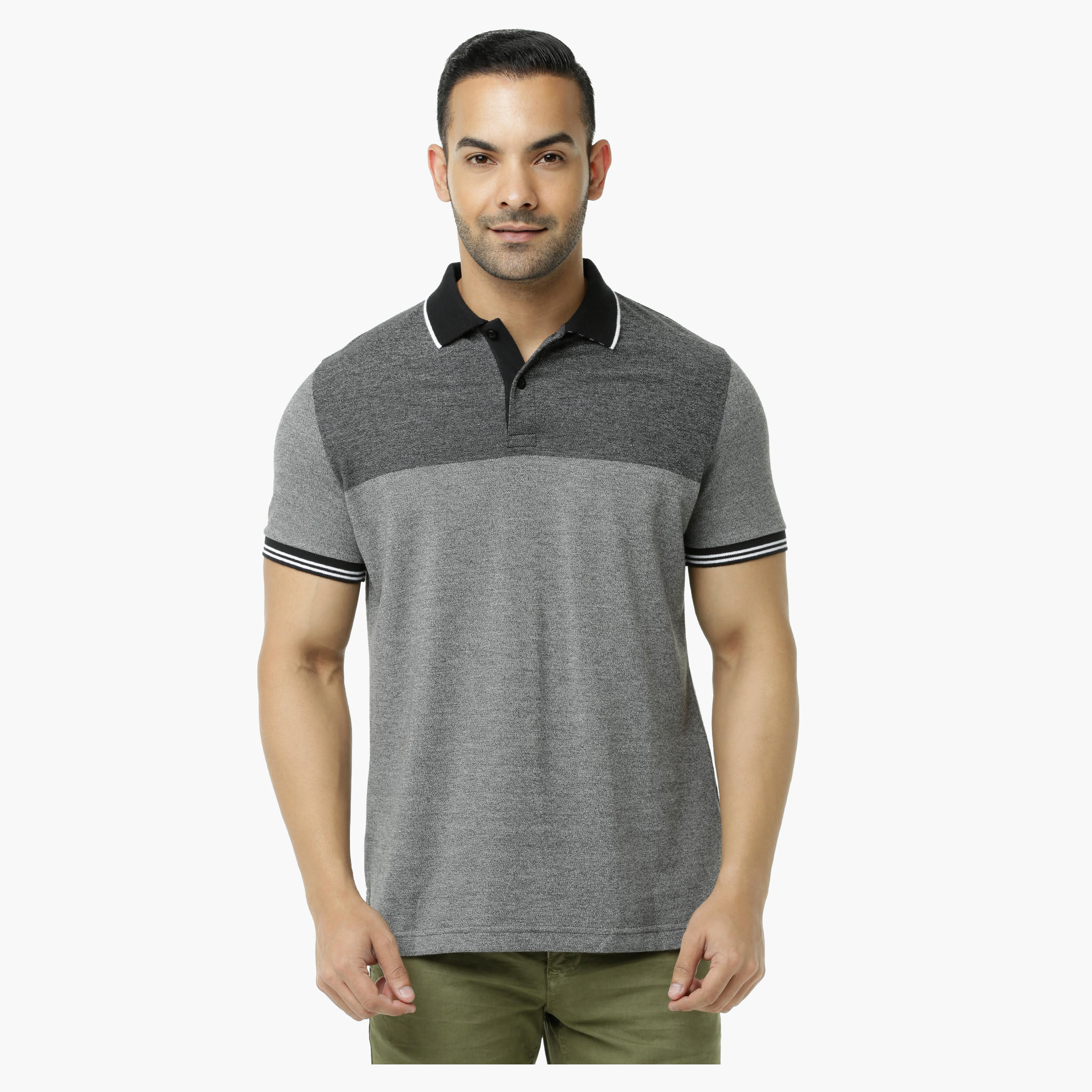 Melange Polo Neck T-Shirt with Short Sleeves-men-clothing-tshirtsandpolos-polos-image-1
