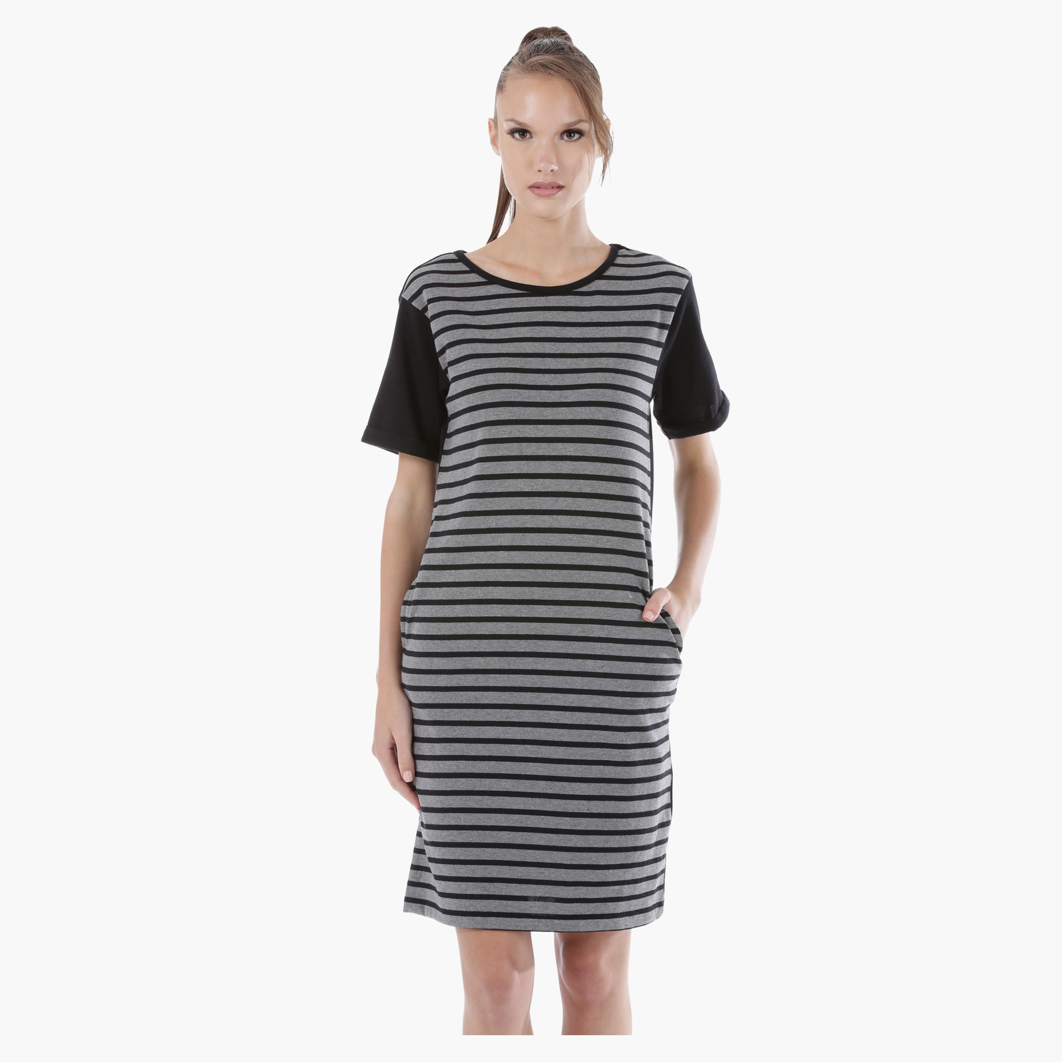 Striped Knitted Dress with Short Sleeves-women-clothing-dresses-image-1