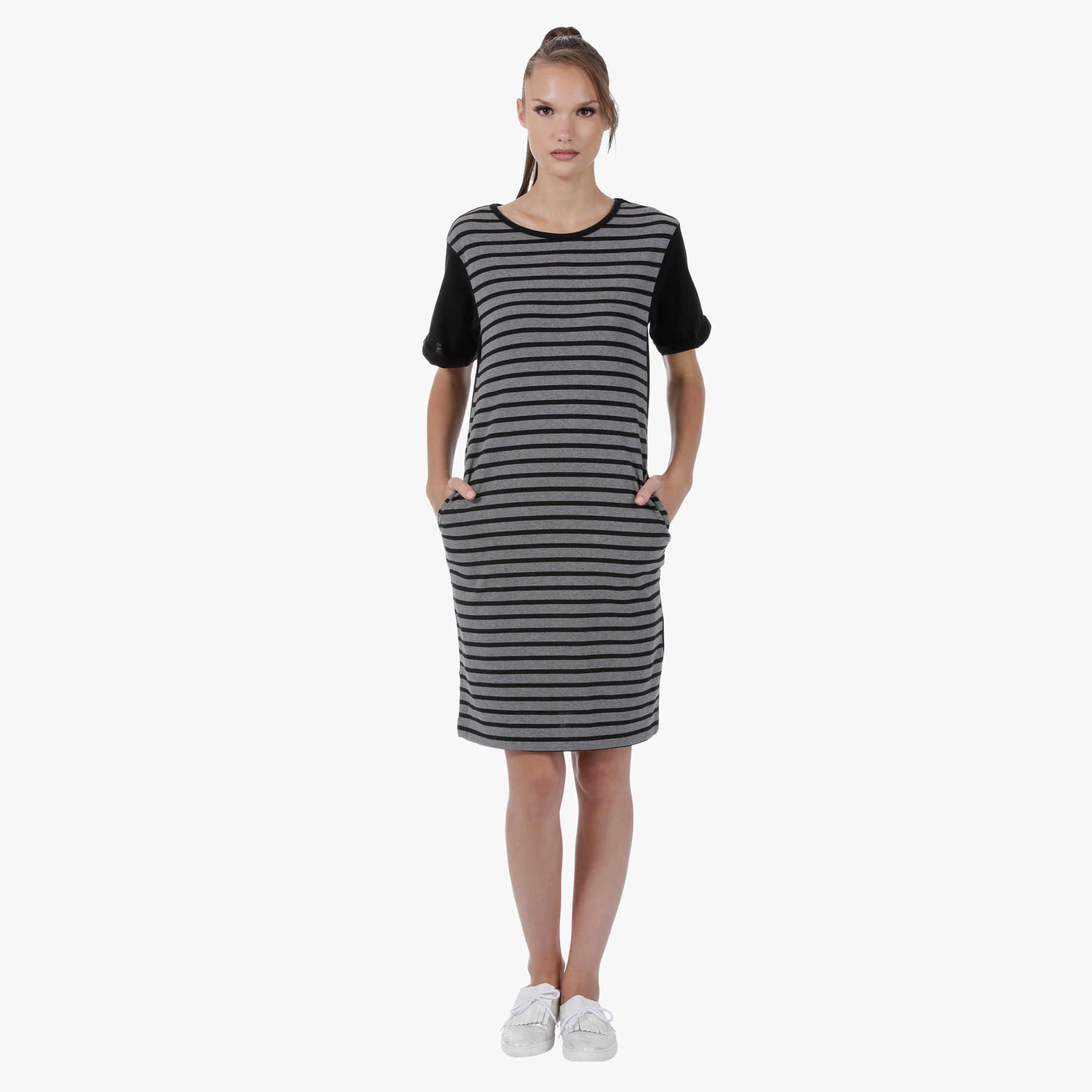 Striped Knitted Dress with Short Sleeves-women-clothing-dresses-image-5