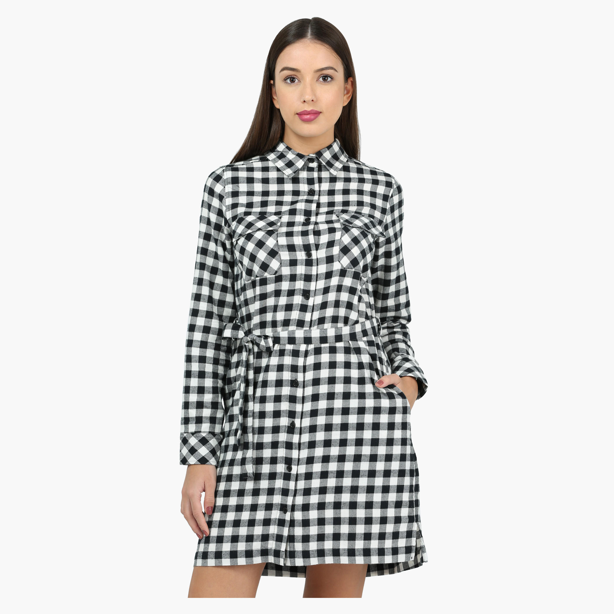 Chequered Long Sleeves Woven Top with Front Pockets-women-clothing-shirtsandblouses-blouses-image-1
