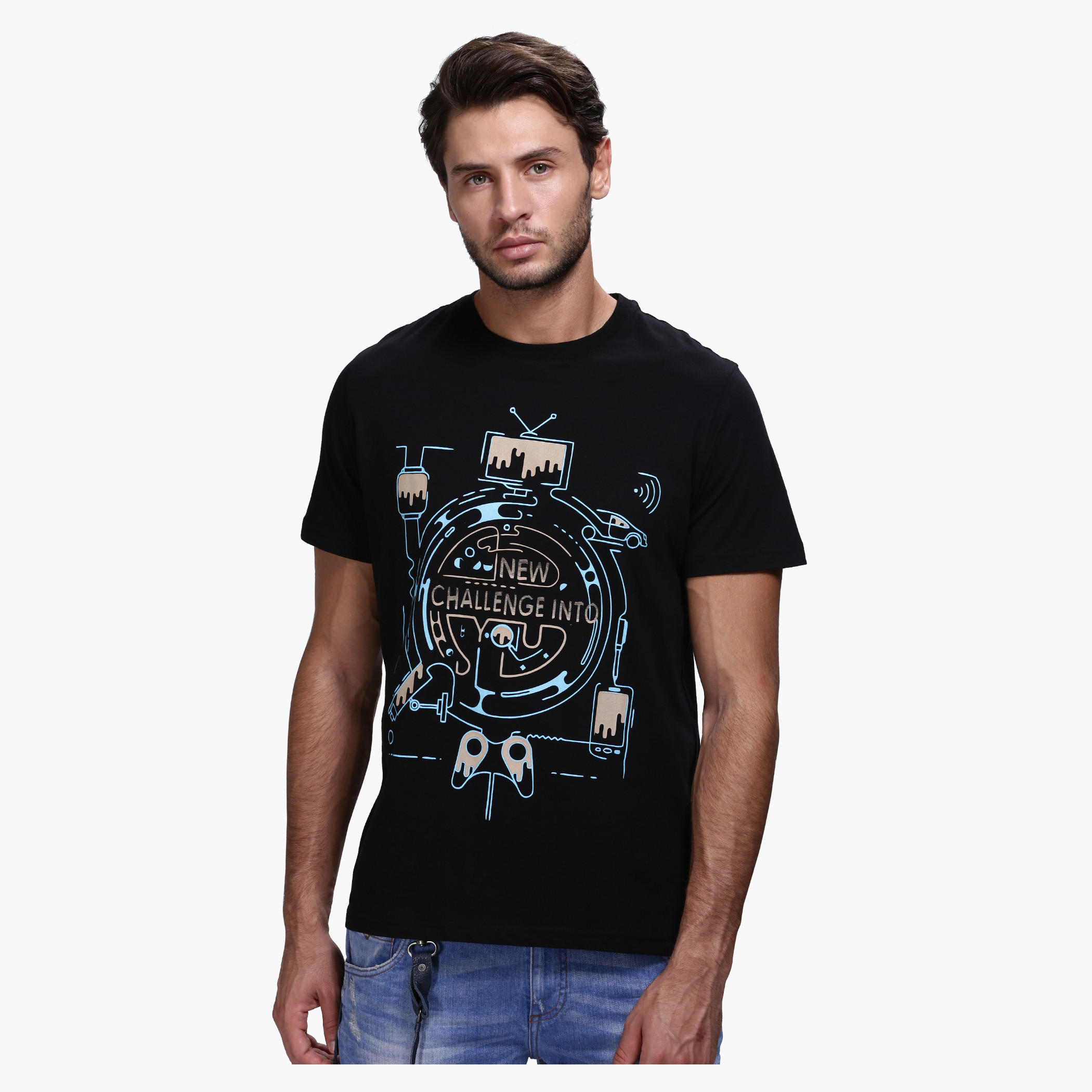 Graphic Print Round Neck T-Shirt with Short Sleeves-men-clothing-tshirtsandpolos-tshirts-image-1