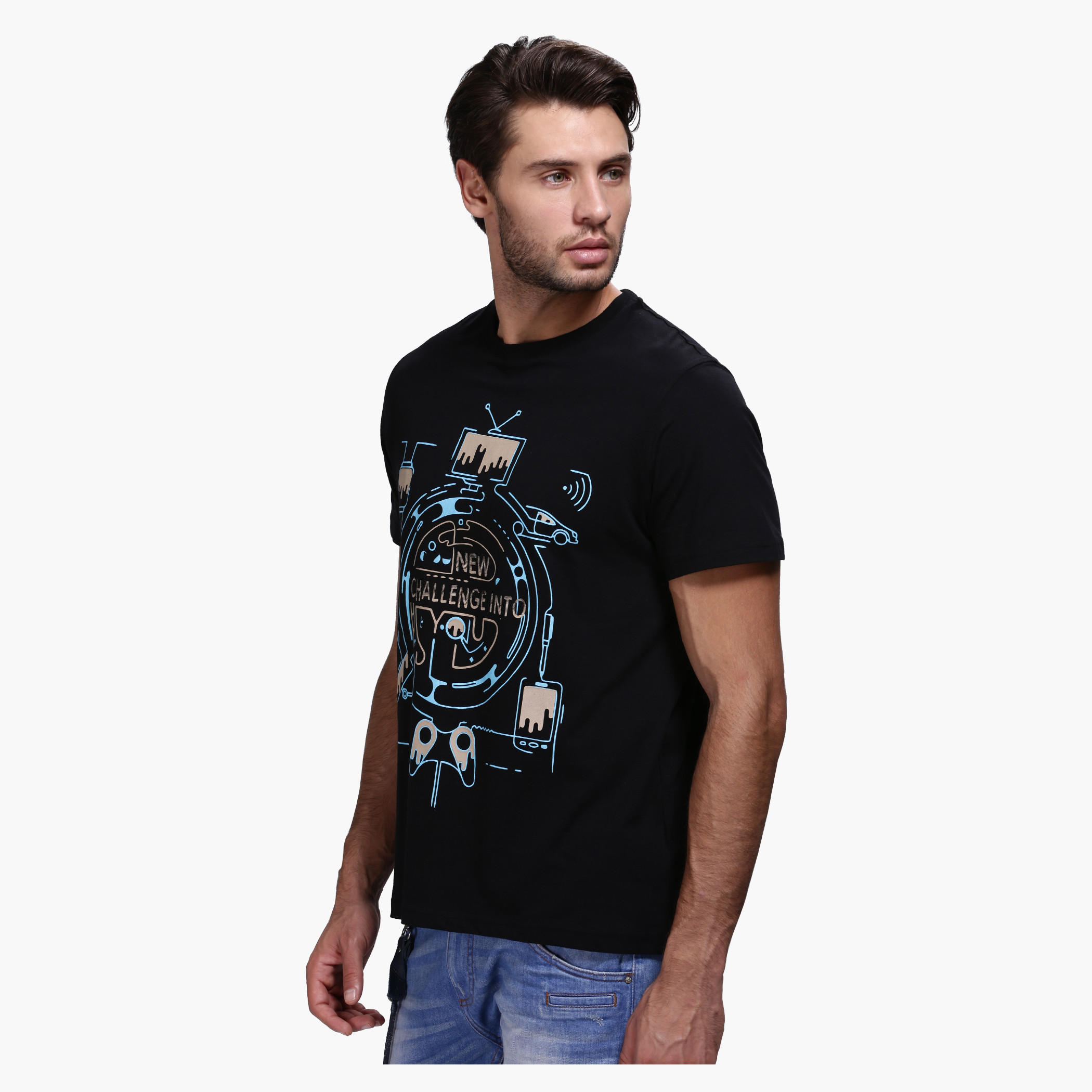 Graphic Print Round Neck T-Shirt with Short Sleeves-men-clothing-tshirtsandpolos-tshirts-image-3