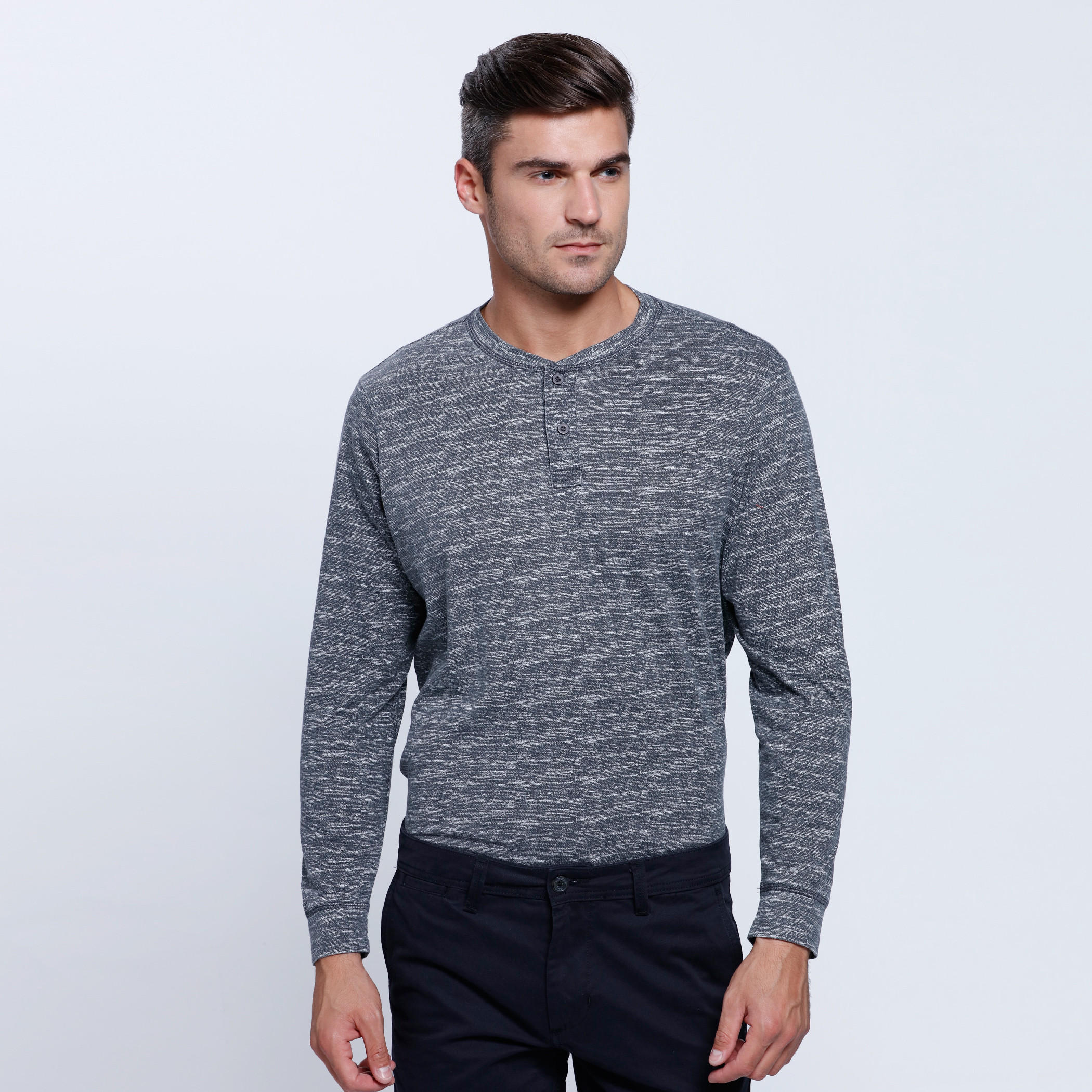 Melange Print T-Shirt with Henley Neck and Long Sleeves-men-clothing-tshirtsandpolos-tshirts-image-1