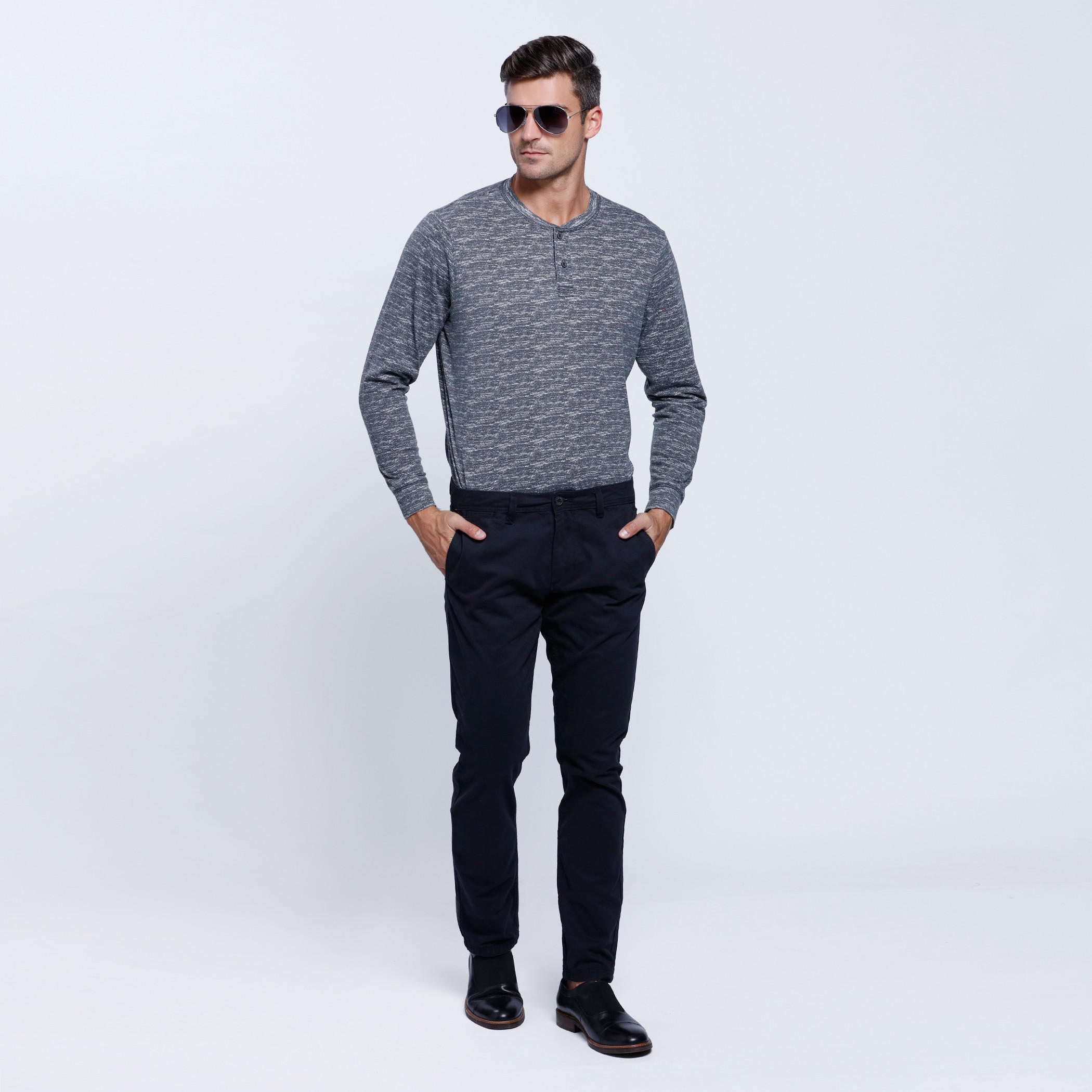 Melange Print T-Shirt with Henley Neck and Long Sleeves-men-clothing-tshirtsandpolos-tshirts-image-5