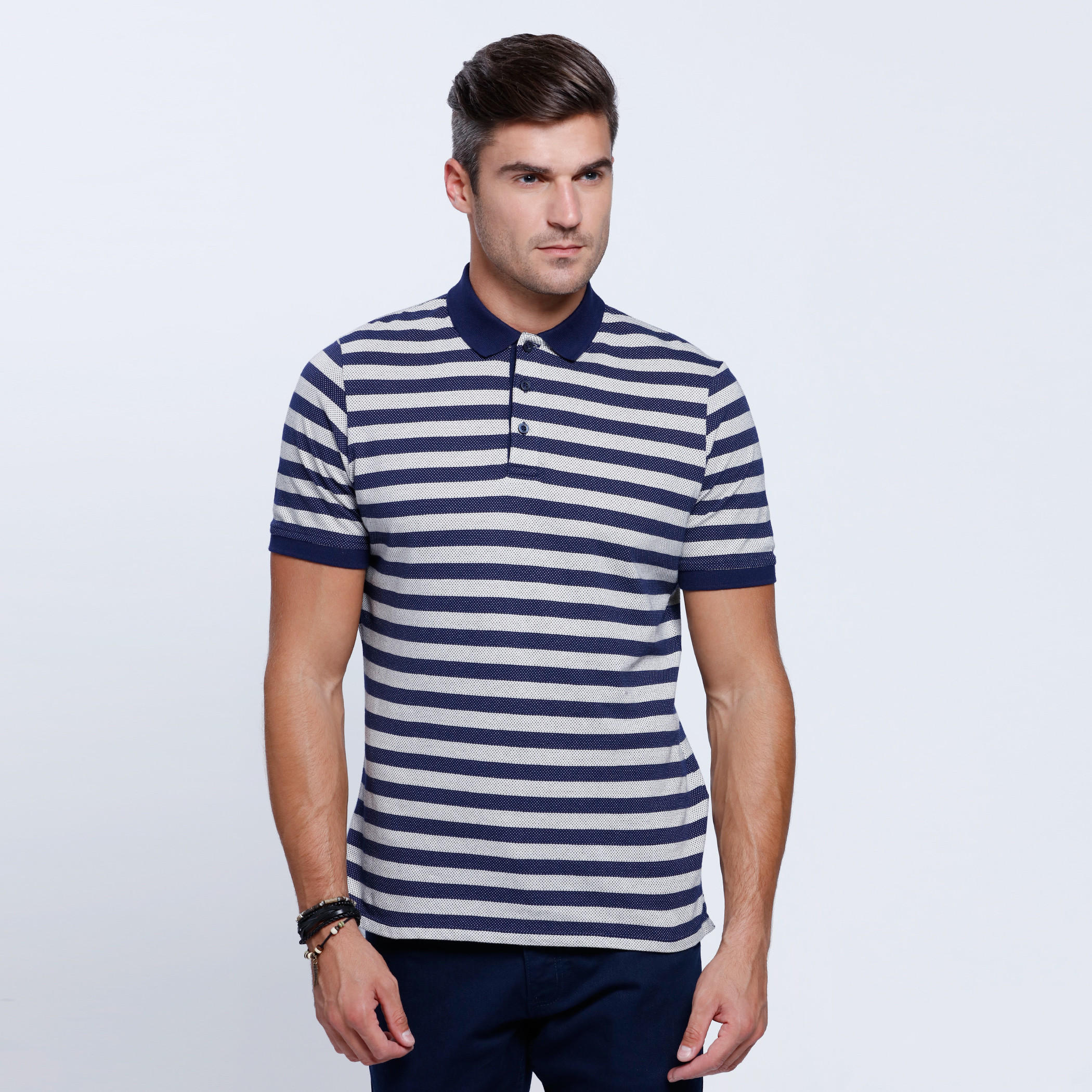 Striped T-Shirt with Polo Neck and Short Sleeves-men-clothing-tshirtsandpolos-polos-image-1