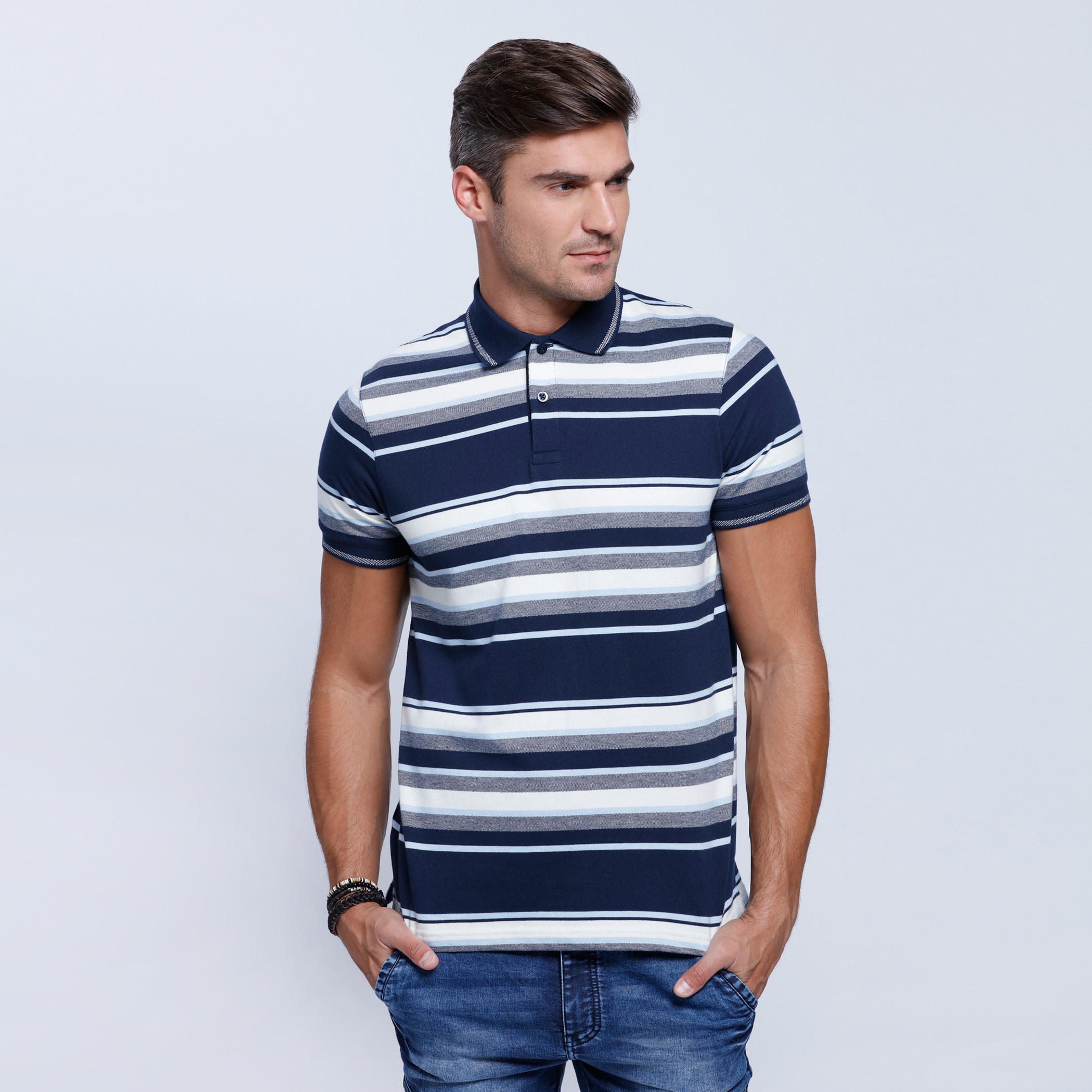 Striped T-Shirt with Polo Neck and Short Sleeves-men-clothing-tshirtsandpolos-polos-image-1