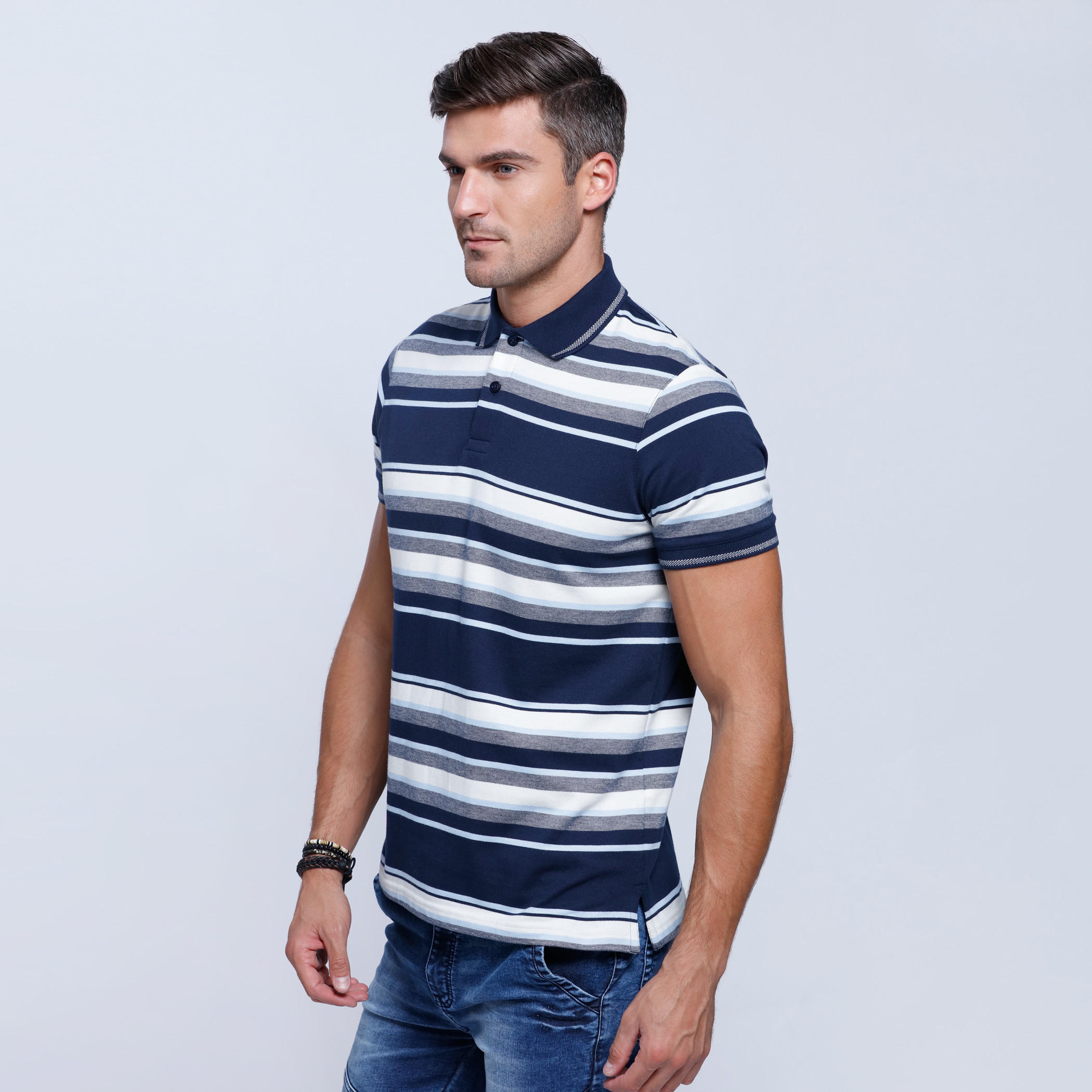 Striped T-Shirt with Polo Neck and Short Sleeves-men-clothing-tshirtsandpolos-polos-image-3