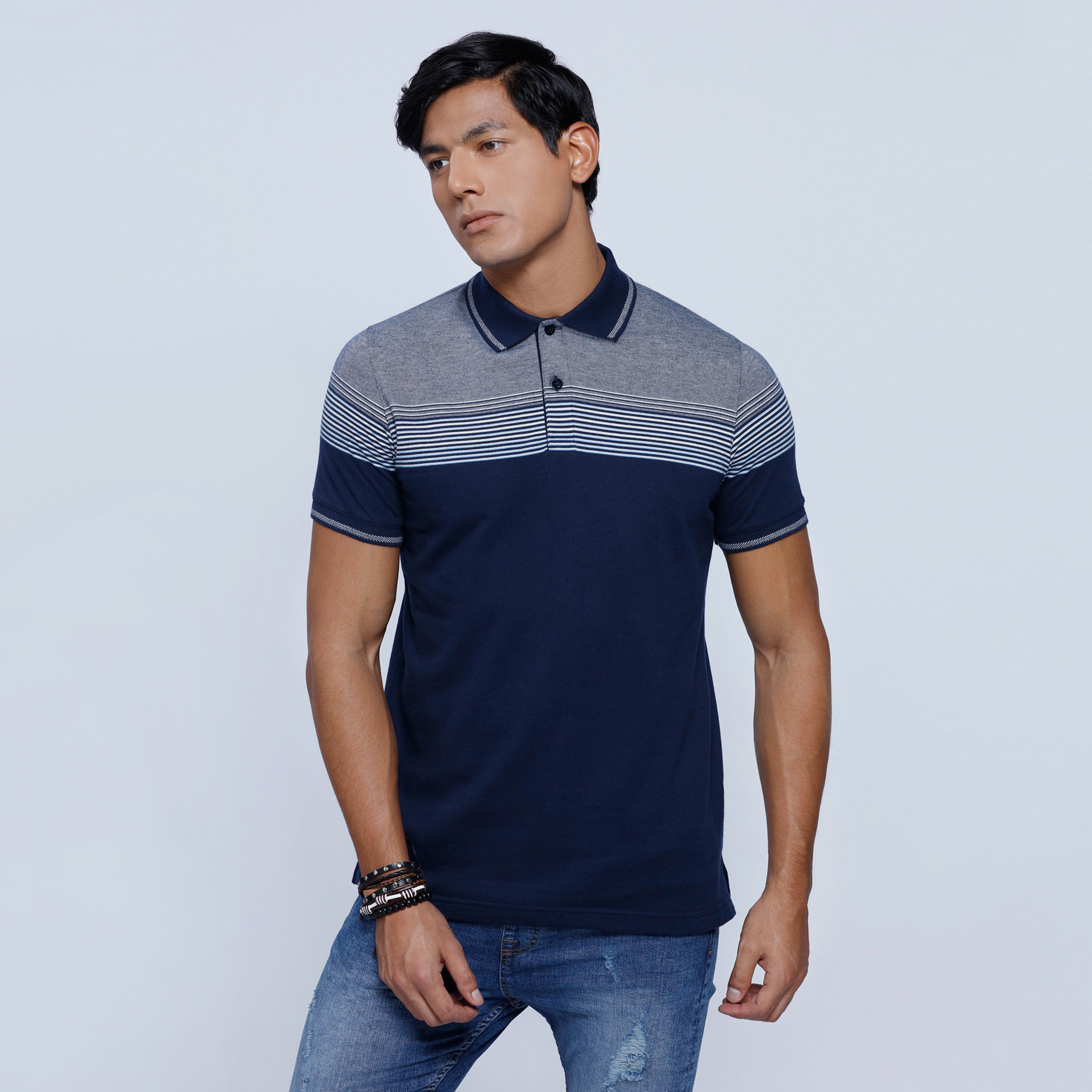 Striped T-Shirt with Polo Neck and Short Sleeves-men-clothing-tshirtsandpolos-polos-image-1