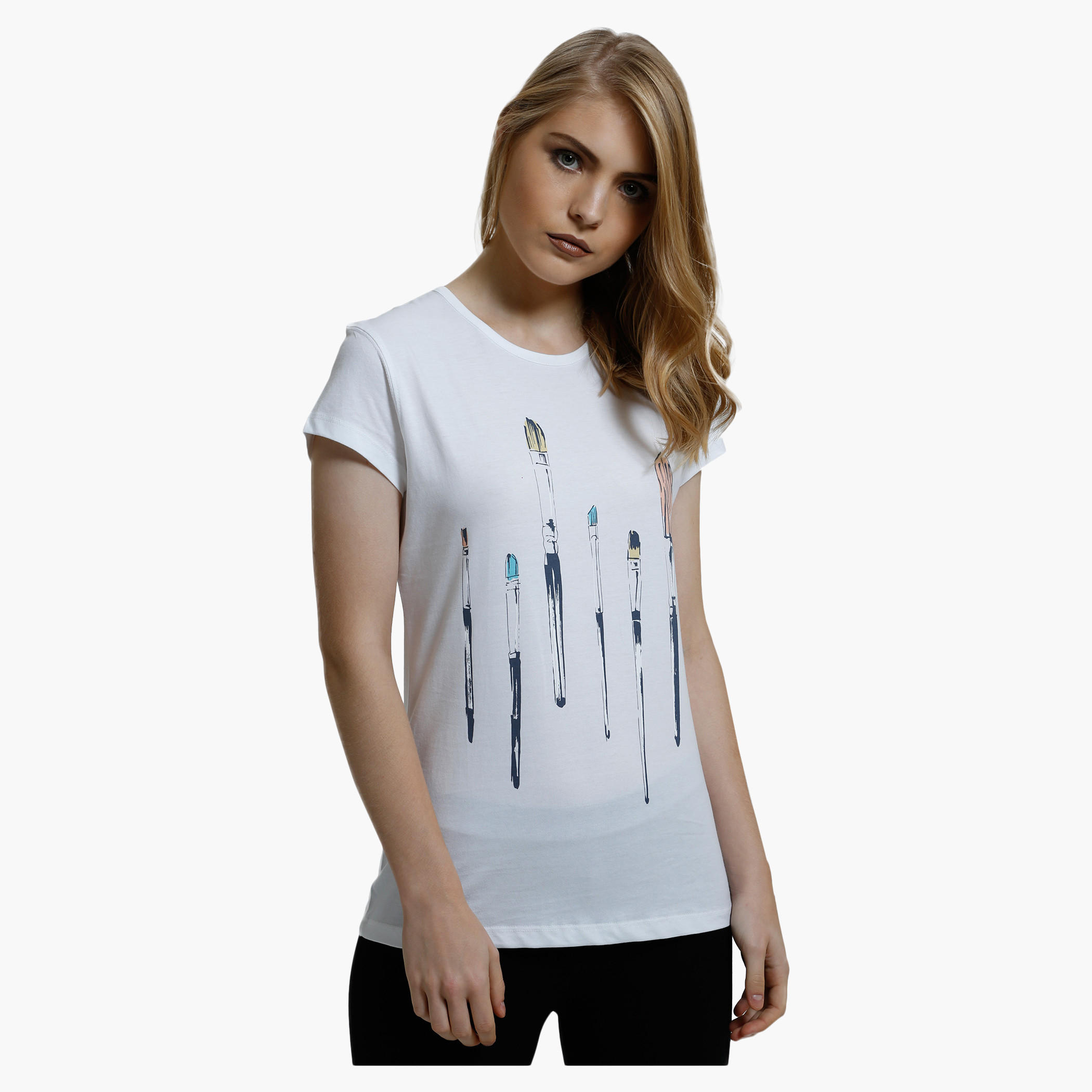 Printed Round Neck T-Shirt with Short Sleeves in Regular Fit-women-clothing-tshirts-image-1