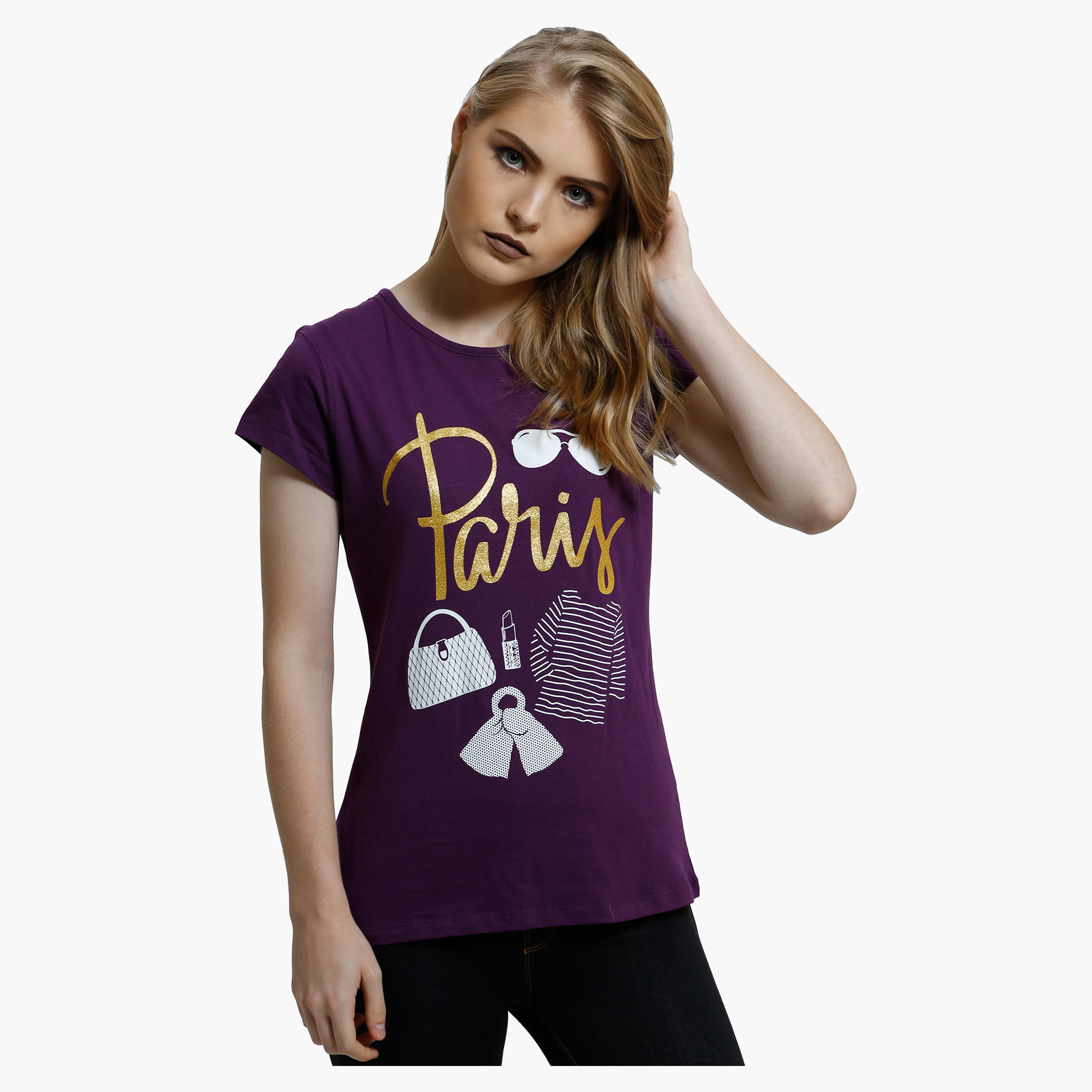Printed Round Neck T-Shirt with Short Sleeves in Regular Fit-women-clothing-tshirts-image-1