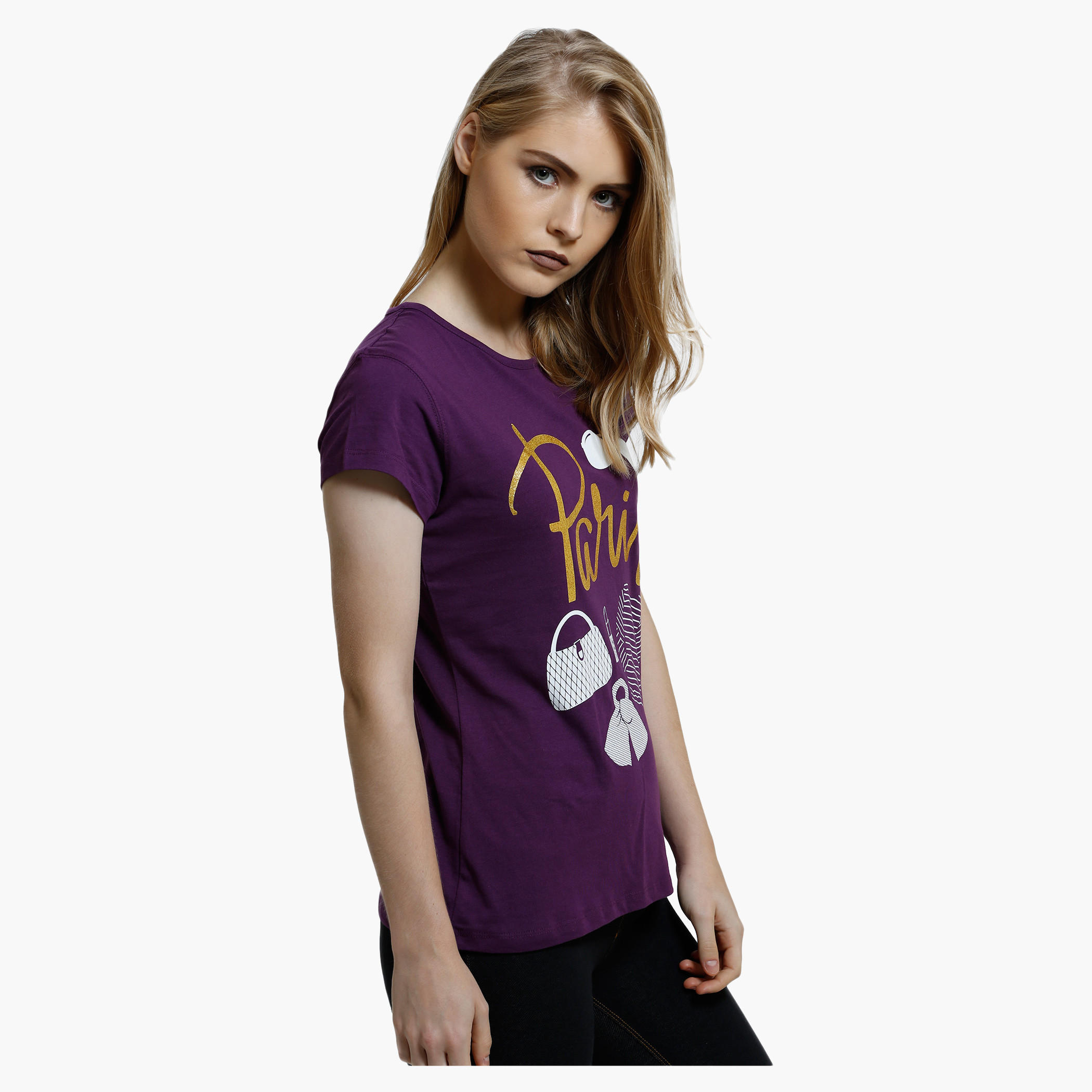 Printed Round Neck T-Shirt with Short Sleeves in Regular Fit-women-clothing-tshirts-image-3