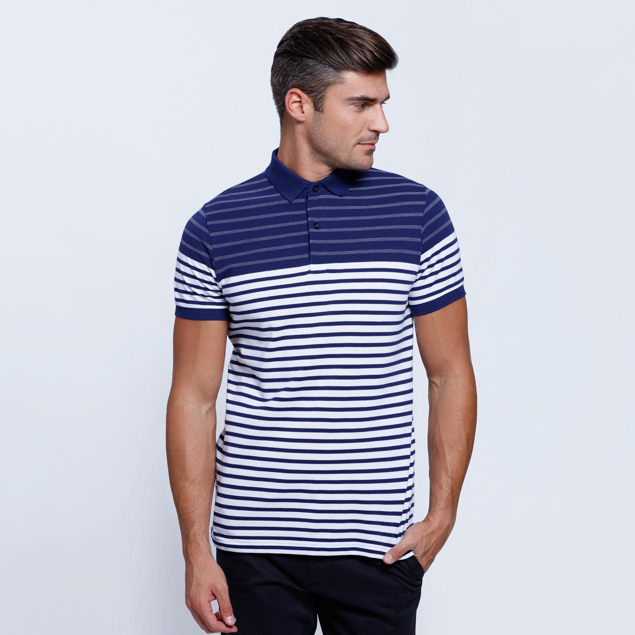 Striped T-Shirt with Polo Neck and Short Sleeves-men-clothing-tshirtsandpolos-polos-image-1