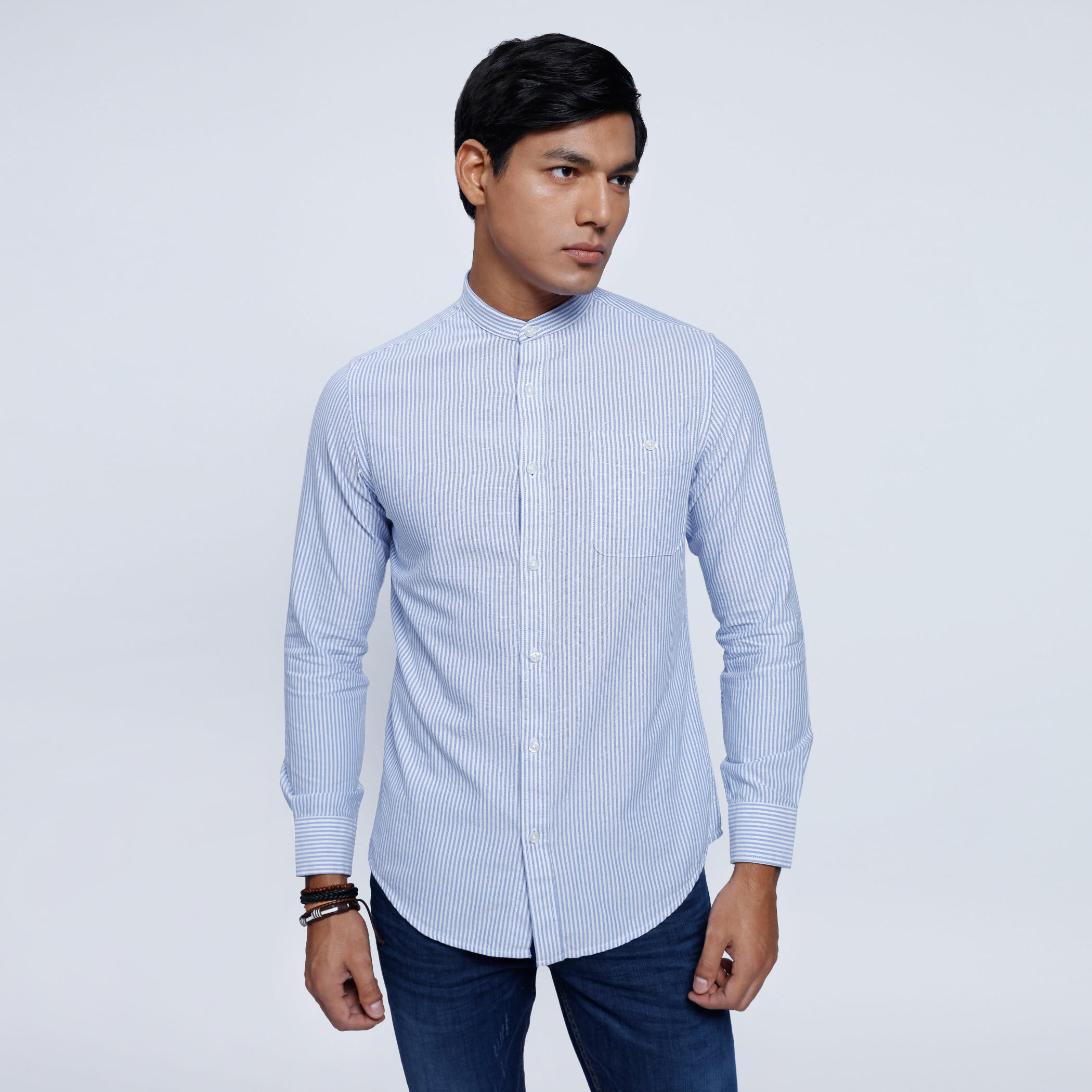 Striped Shirt with Mandarin Collar and Long Sleeves-men-clothing-shirts-image-1