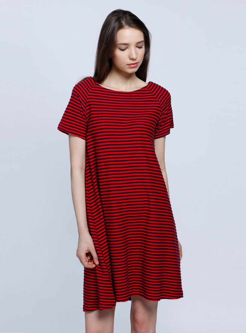 Striped Dress with Boat Neck and Short Sleeves-women-clothing-dresses-image-1