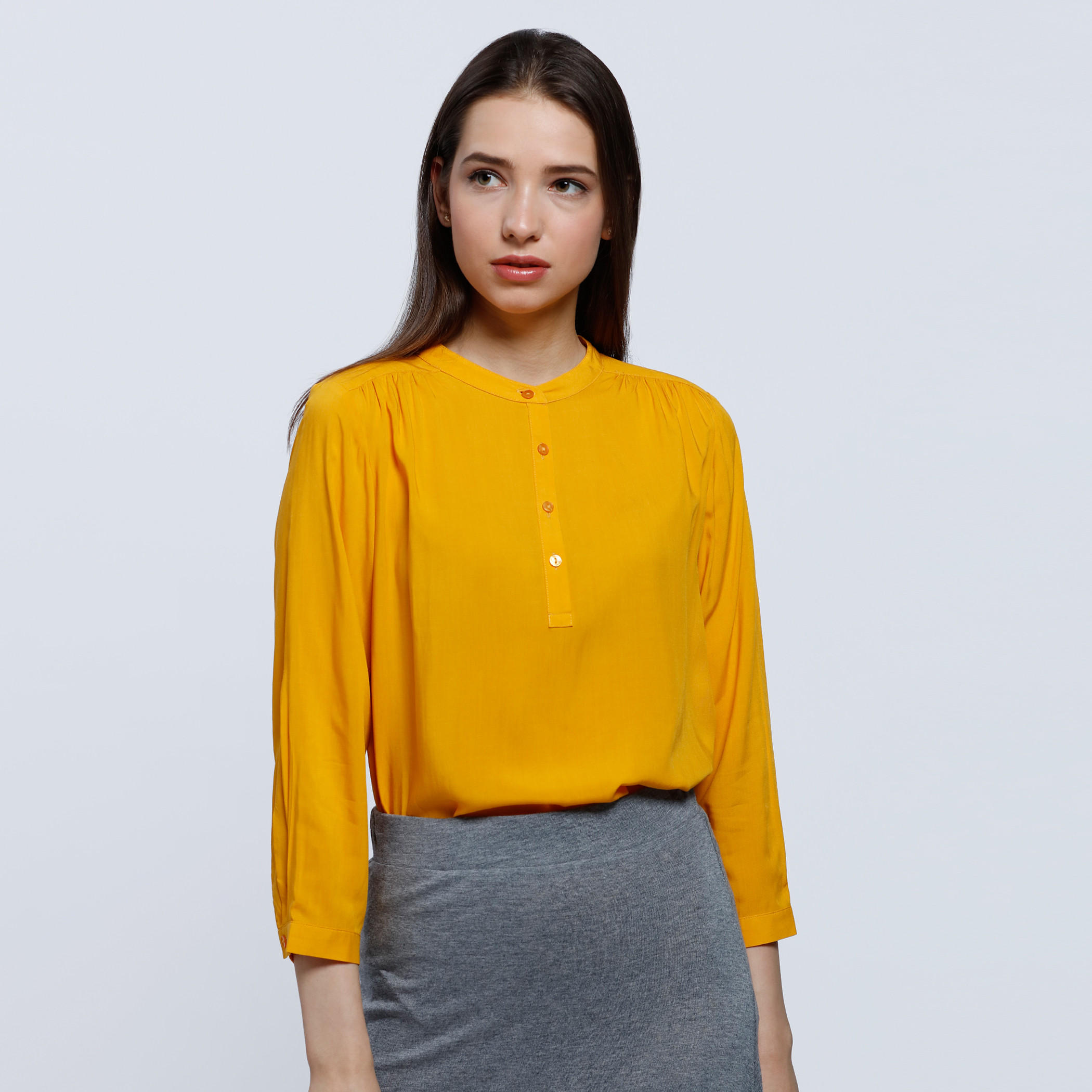 Woven Top with Mandarin Collar and Long Sleeves-women-clothing-shirtsandblouses-blouses-image-1