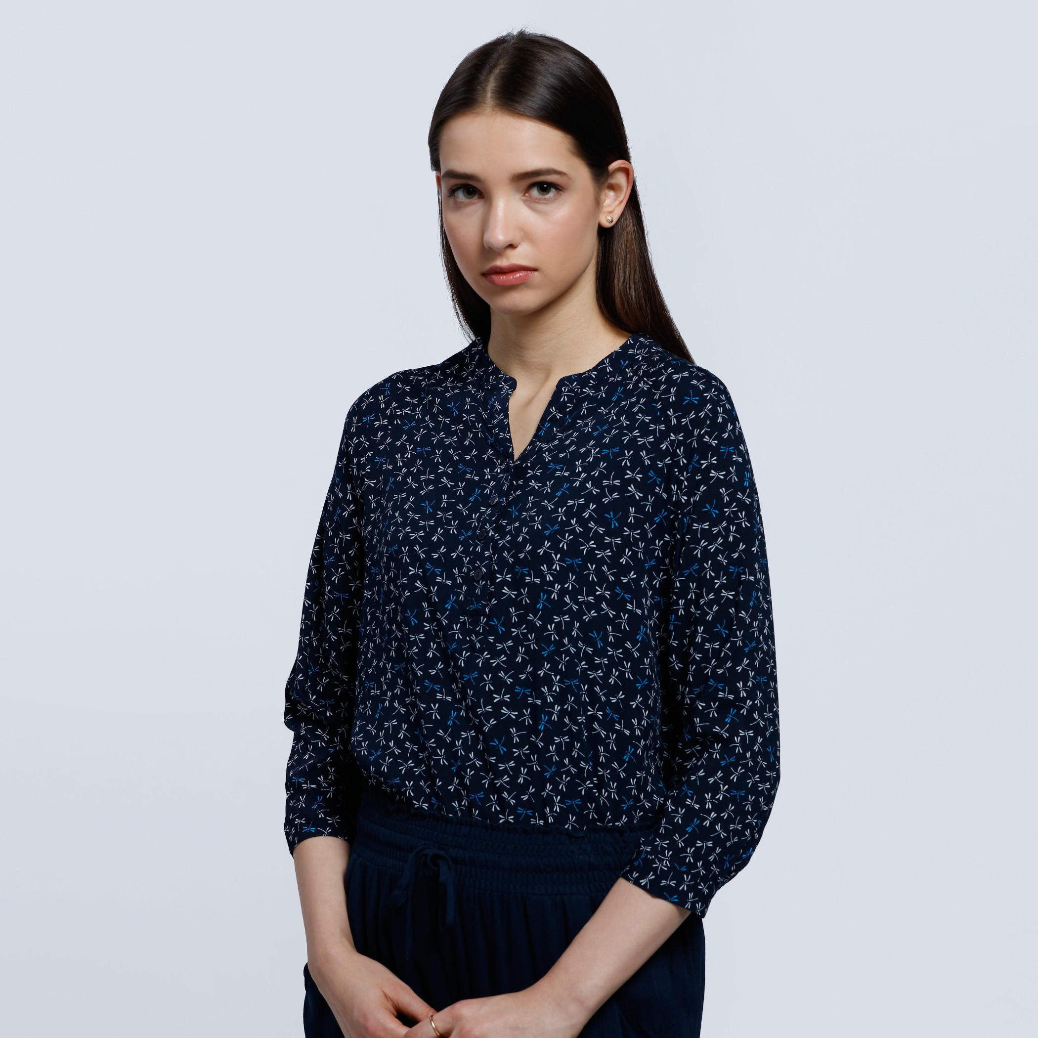 Printed Top with Mandarin Collar and Long Sleeves-women-clothing-shirtsandblouses-blouses-image-1