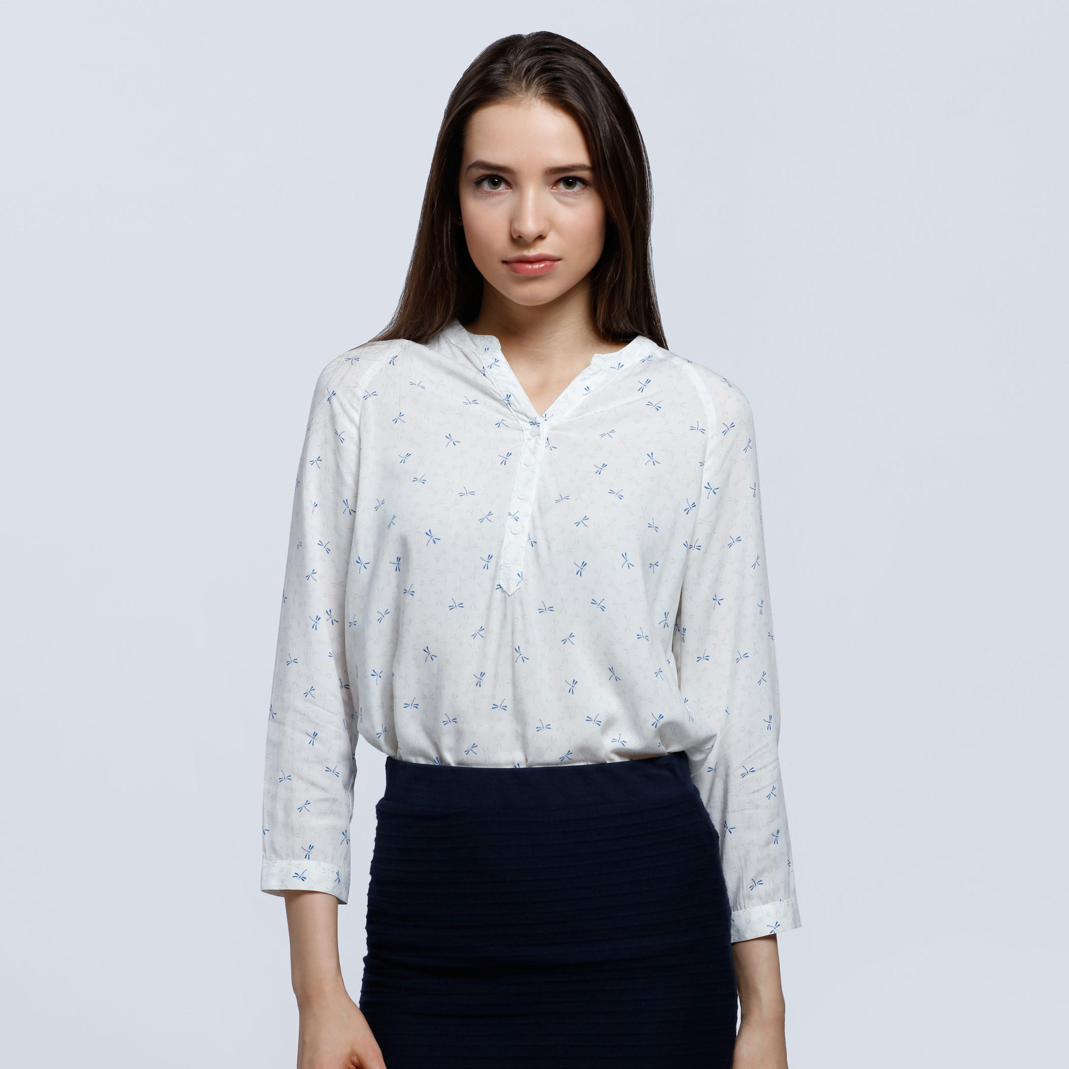 Printed Top with Mandarin Collar and Long Sleeves-women-clothing-shirtsandblouses-blouses-image-1