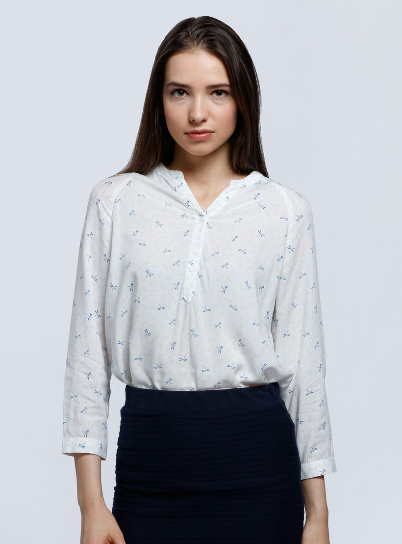 Printed Top with Mandarin Collar and Long Sleeves-women-clothing-shirtsandblouses-blouses-image-1