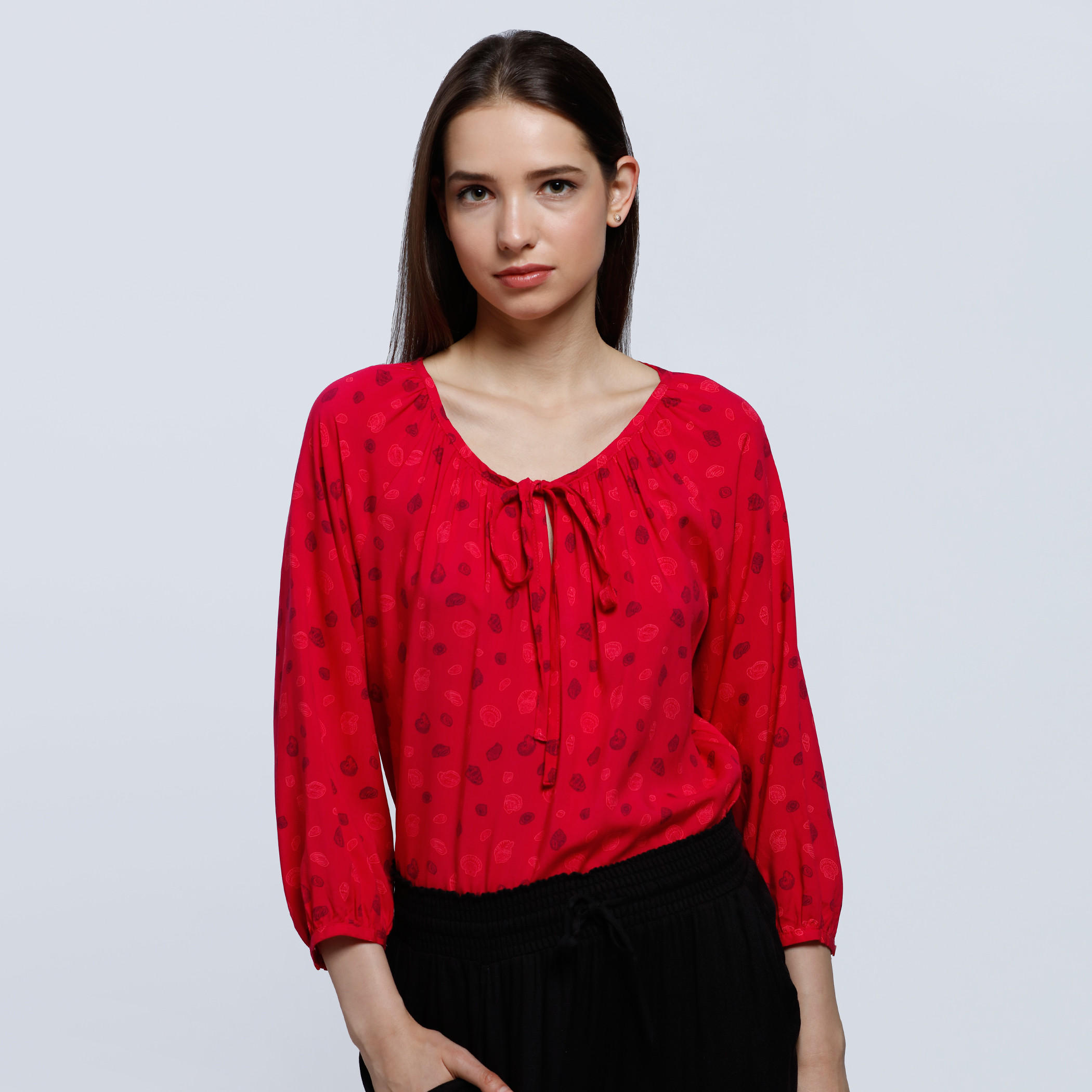 Printed Top with Tie-Up Collar and Long Sleeves-women-clothing-shirtsandblouses-blouses-image-1